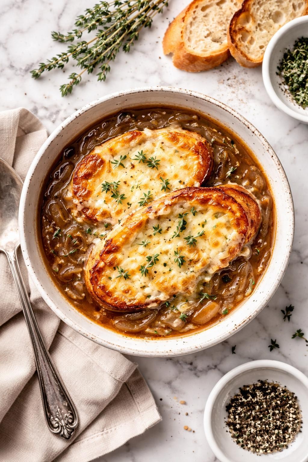 An overheard picture view of a plate of French Onion Soup sitting on a marble countertop table in the kitchen, professional food photography style.