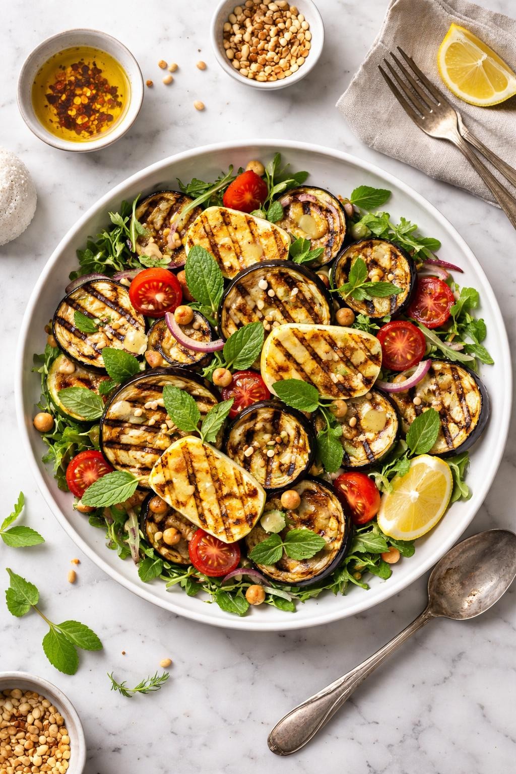 An overheard picture view of a plate of Grilled Eggplant and Halloumi Salad sitting on a marble countertop table in the kitchen, professional food photography style.