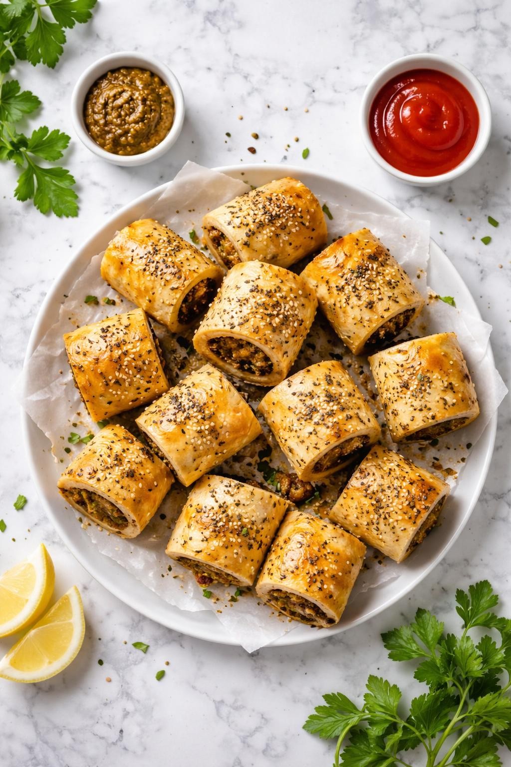 An overheard picture view of a plate of Vegan Sausage Rolls sitting on a marble countertop table in the kitchen, professional food photography style.