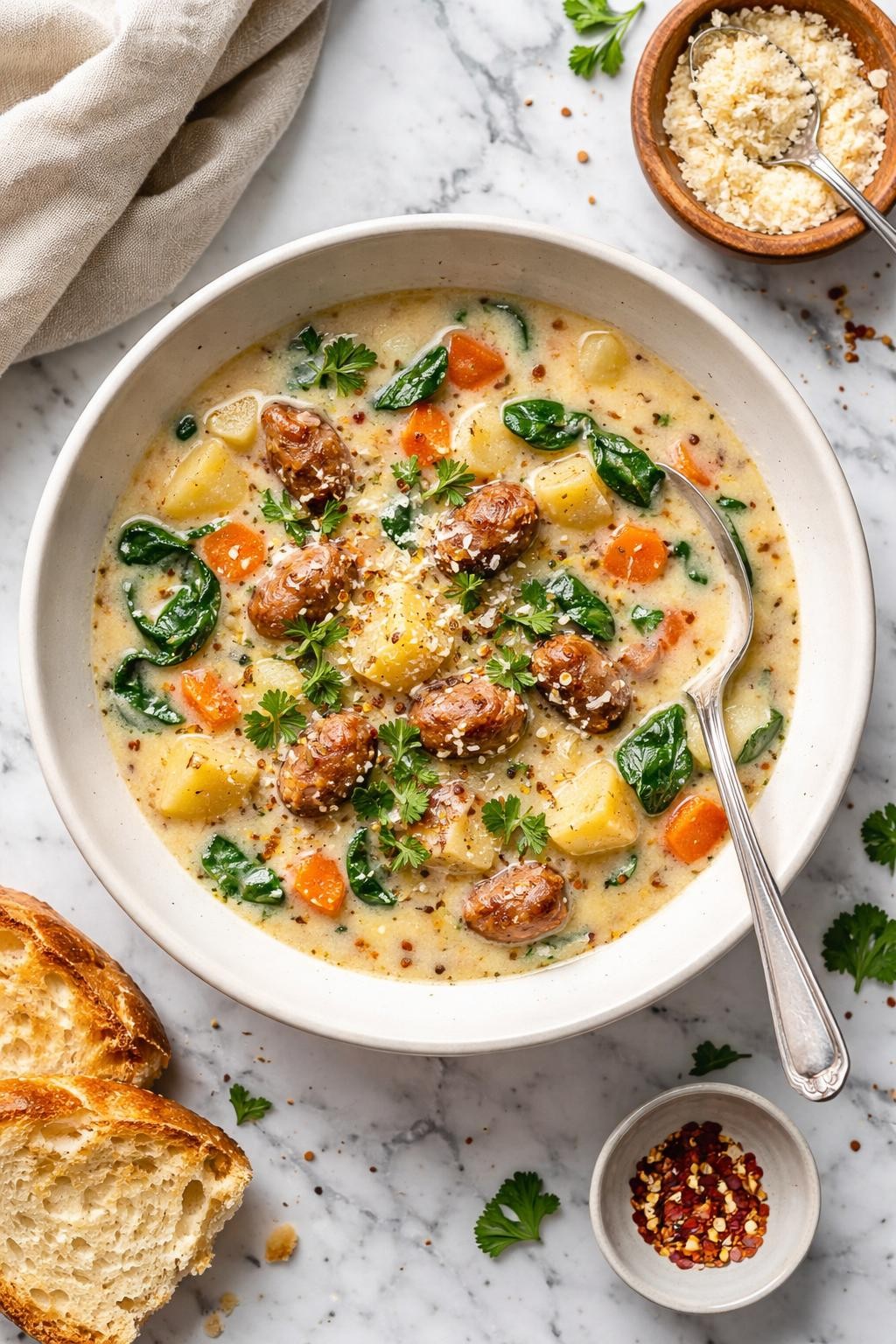 An overheard picture view of a plate of  Creamy Sausage and Potato Soup  sitting on a marble countertop table in the kitchen, professional food photography style.
