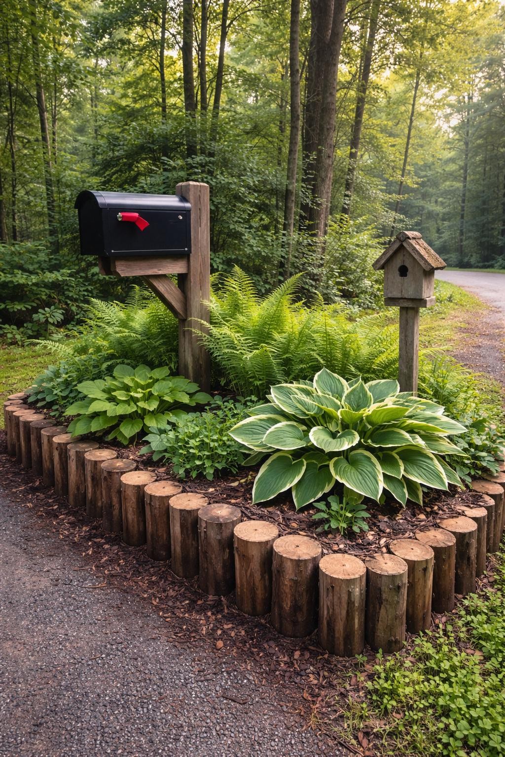 Photo of a mailbox bed edged with vertical log rounds, filled with ferns and hostas, corner angle view from driveway, setting in a woodland-style front yard, soft morning light, containing a small birdhouse on a post nearby, iPhone photo quality.