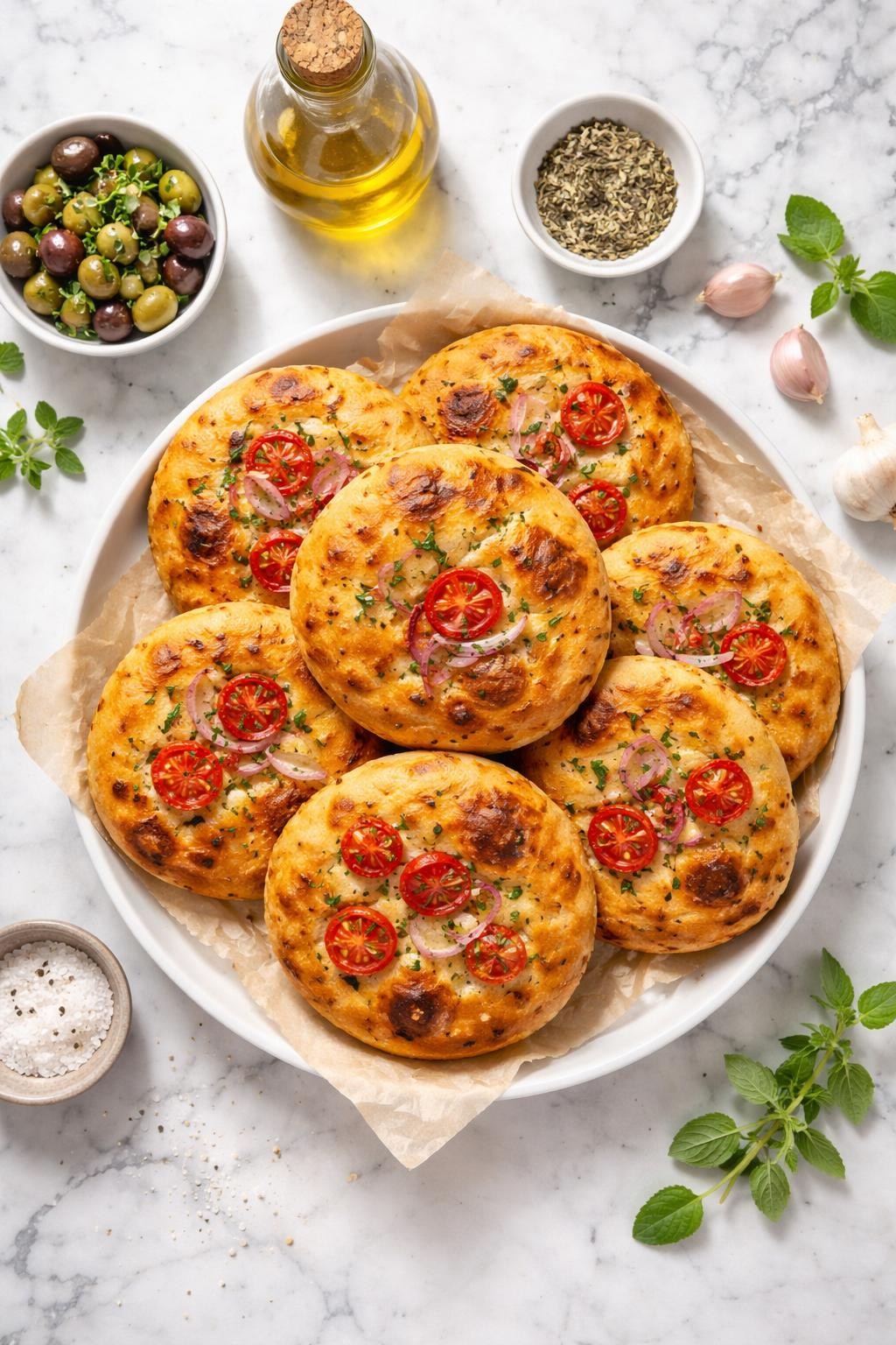 An overheard picture view of a plate of   Sceblàsti (Greco-Italian Soft Bread) sitting on a marble countertop table in the kitchen, professional food photography style.
