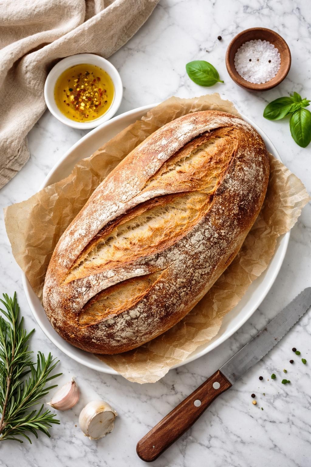 An overheard picture view of a plate of  Classic Crusty Italian Loaf (Pane Casereccio)  sitting on a marble countertop table in the kitchen, professional food photography style.
