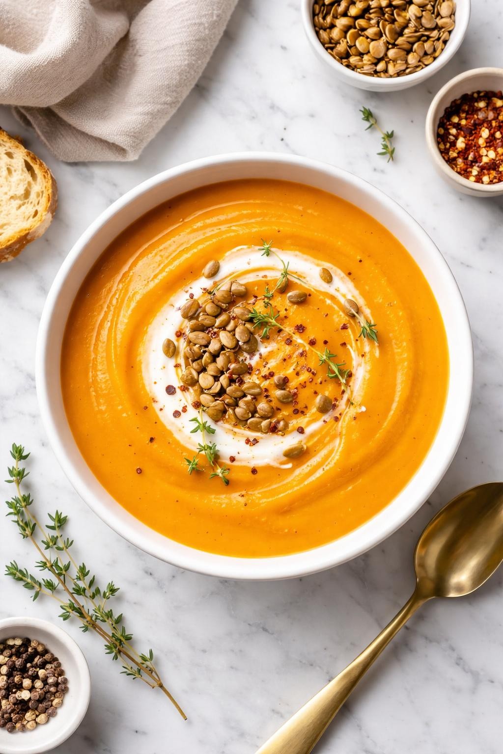An overheard picture view of a plate of Slow Cooker Butternut Squash Soup sitting on a marble countertop table in the kitchen, professional food photography style.