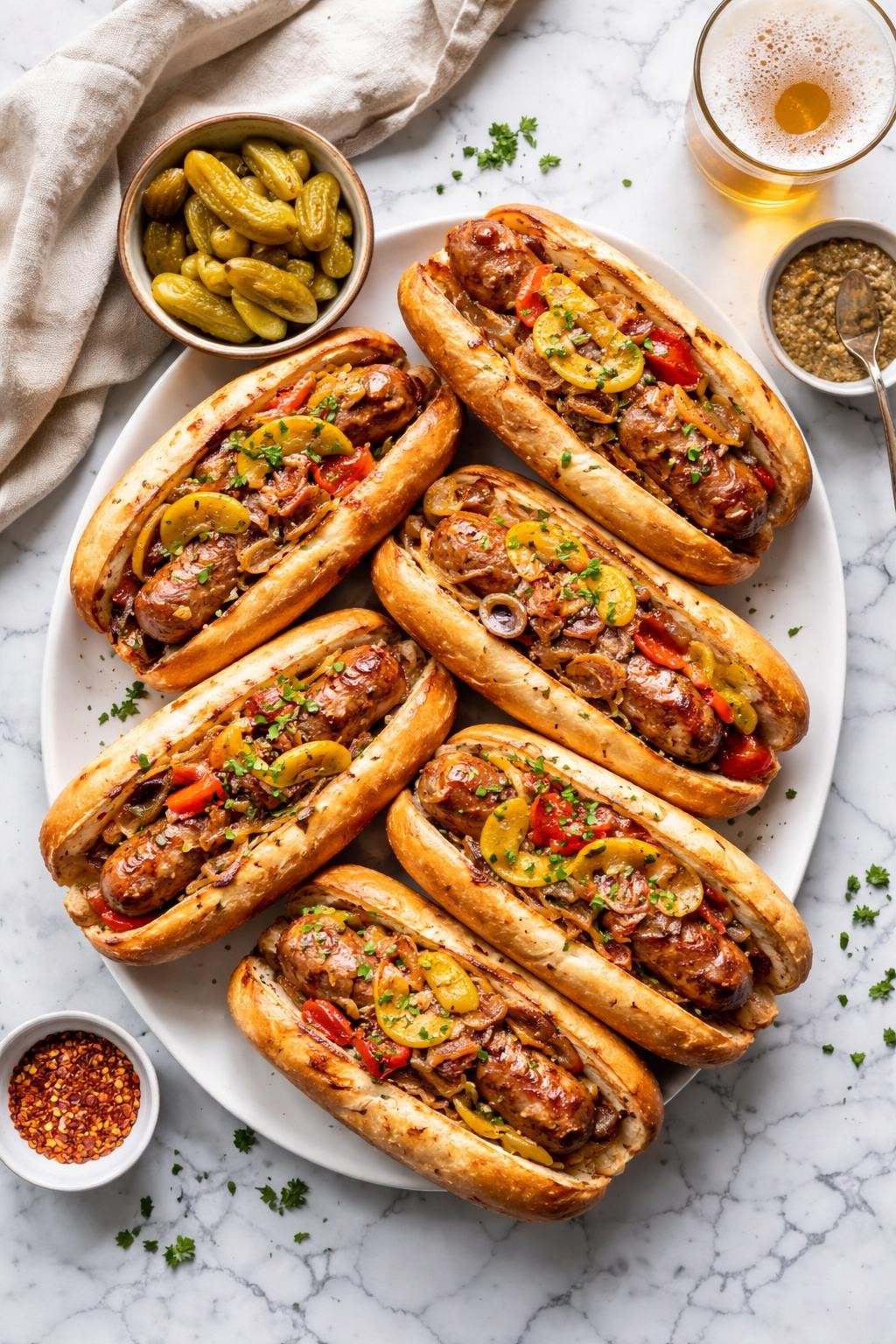 An overheard picture view of a plate of Sausage and Pepperoncini Hoagies   sitting on a marble countertop table in the kitchen, professional food photography style.
