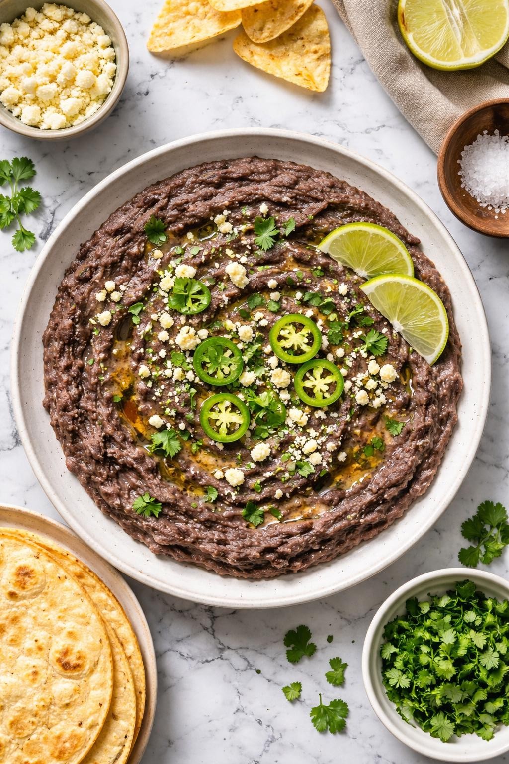 An overheard picture view of a plate of Frijoles Negros (Refried Black Beans) sitting on a marble countertop table in the kitchen, professional food photography style.
