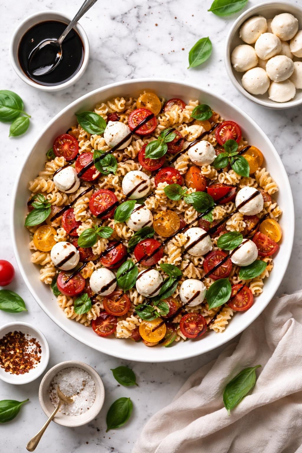 An overheard picture view of a plate of  Caprese Pasta Salad with Balsamic Glaze  sitting on a marble countertop table in the kitchen, professional food photography style.
