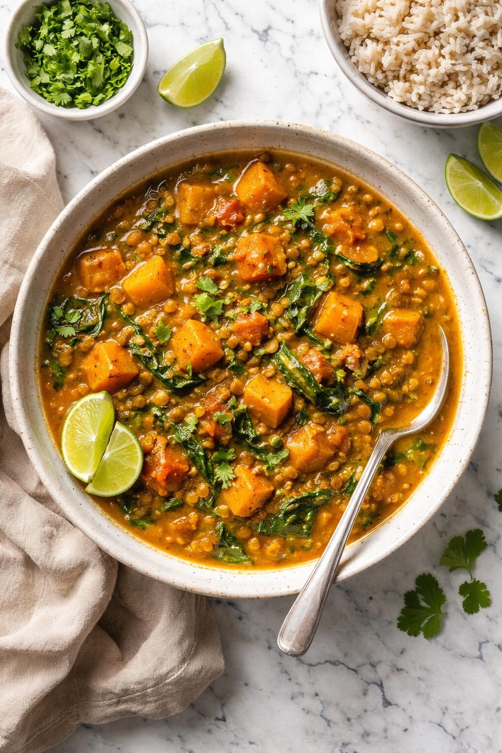 An overheard picture view of a plate of Curried Butternut Squash and Lentil Stew sitting on a marble countertop table in the kitchen, professional food photography style.