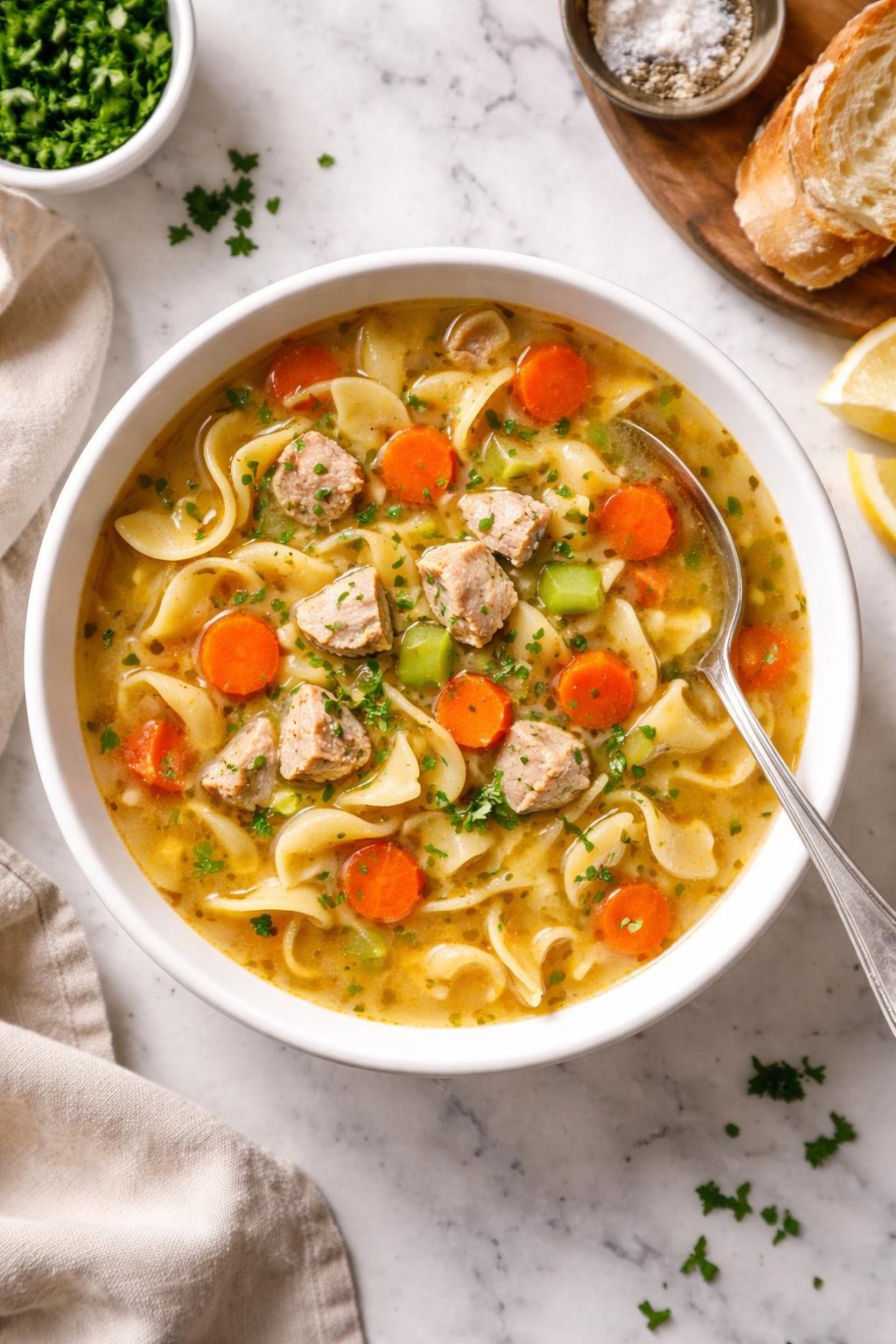 An overheard picture view of a plate of  Classic Turkey Noodle Soup  sitting on a marble countertop table in the kitchen, professional food photography style.
