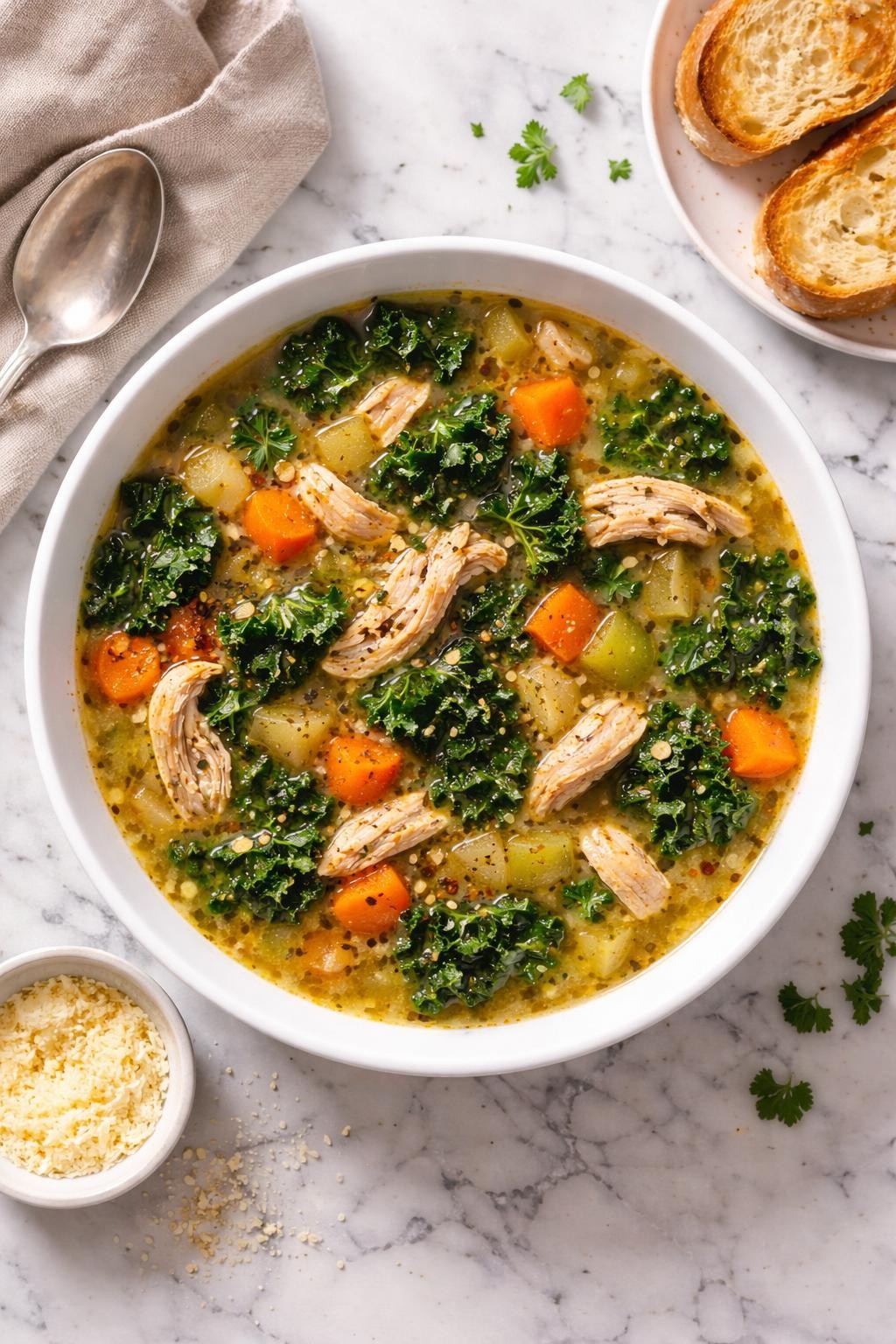 An overheard picture view of a plate of  Chicken Vegetable Soup with Kale  sitting on a marble countertop table in the kitchen, professional food photography style.
