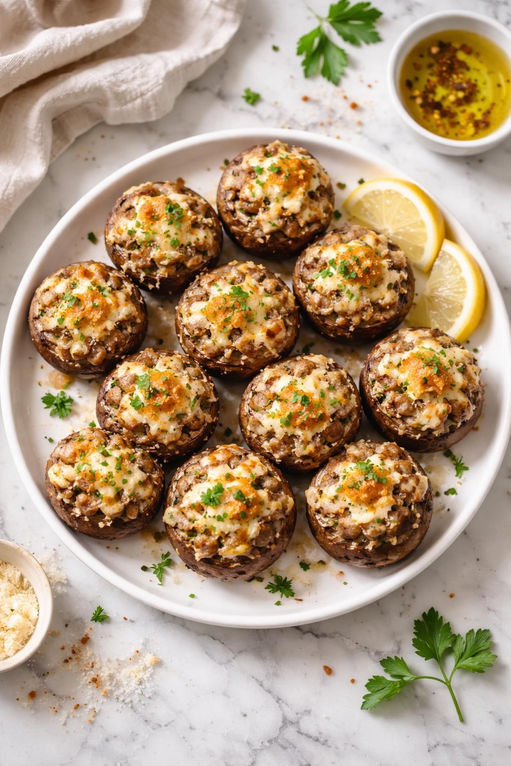 An overheard picture view of a plate of  Sausage Stuffed Mushrooms  sitting on a marble countertop table in the kitchen, professional food photography style.
