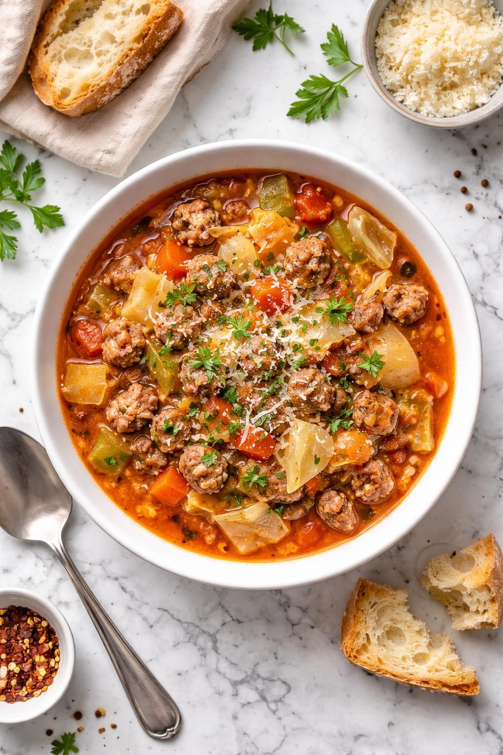 An overheard picture view of a plate of  Italian Sausage and Cabbage Soup  sitting on a marble countertop table in the kitchen, professional food photography style.
