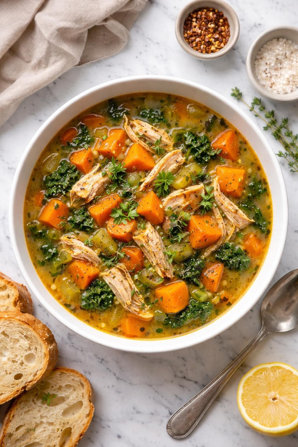 An overheard picture view of a plate of  Chicken and Vegetable Soup with Sweet Potatoes  sitting on a marble countertop table in the kitchen, professional food photography style.
