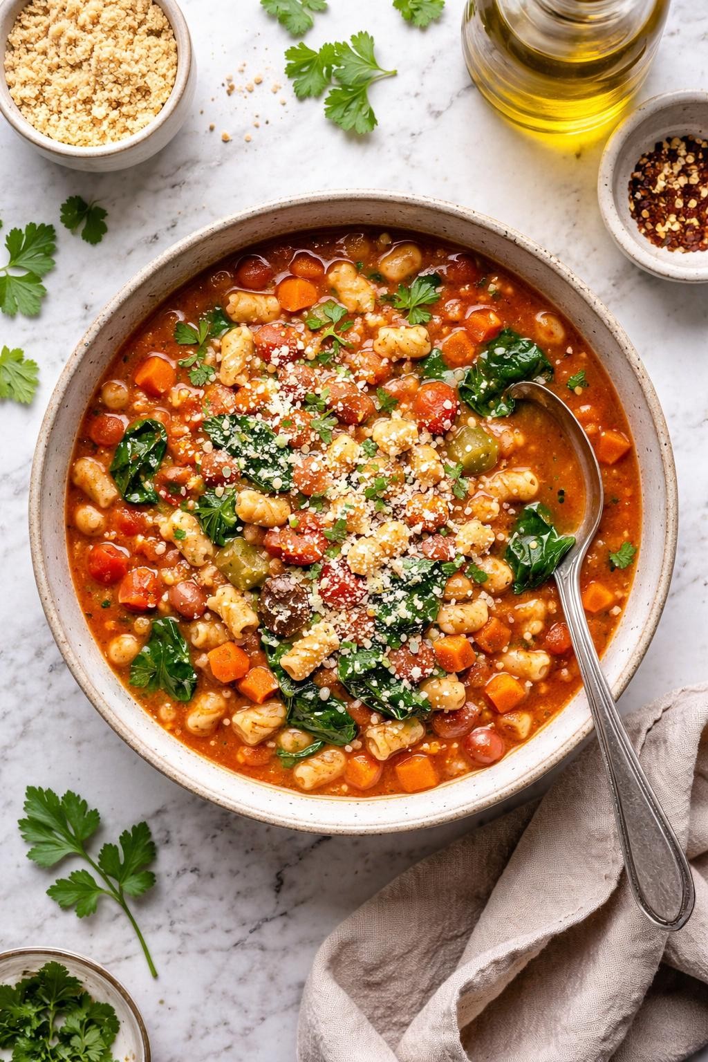 An overheard picture view of a plate of  Vegan Pasta e Fagioli  sitting on a marble countertop table in the kitchen, professional food photography style.
