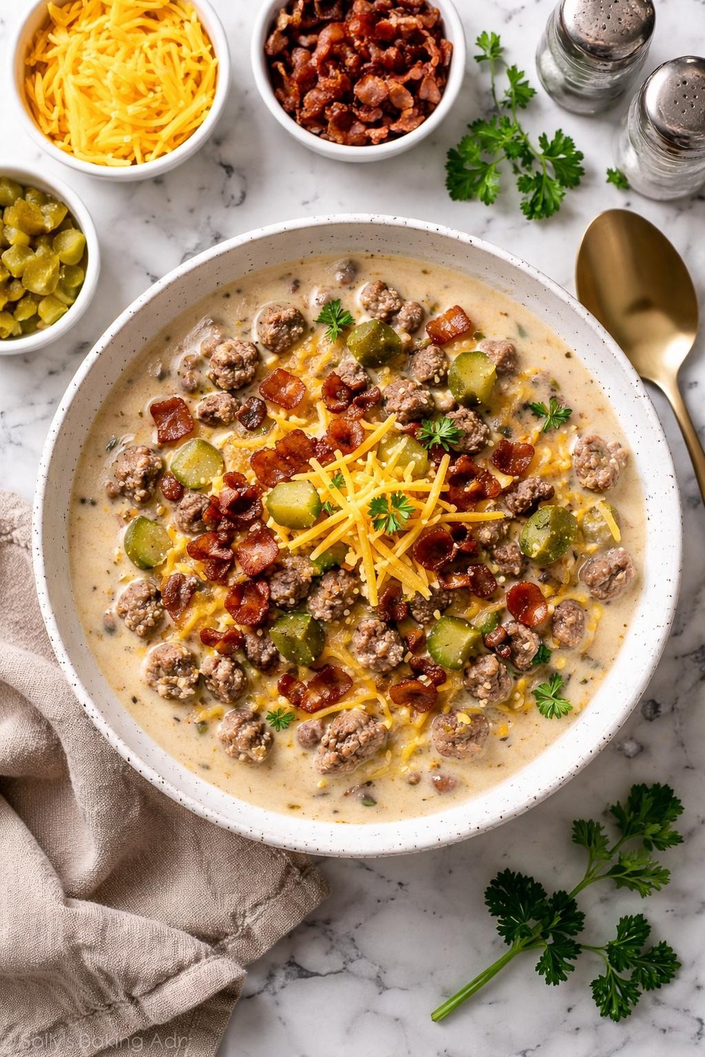 An overheard picture view of a plate of  Carnivore Cheeseburger Soup  sitting on a marble countertop table in the kitchen, professional food photography style.
