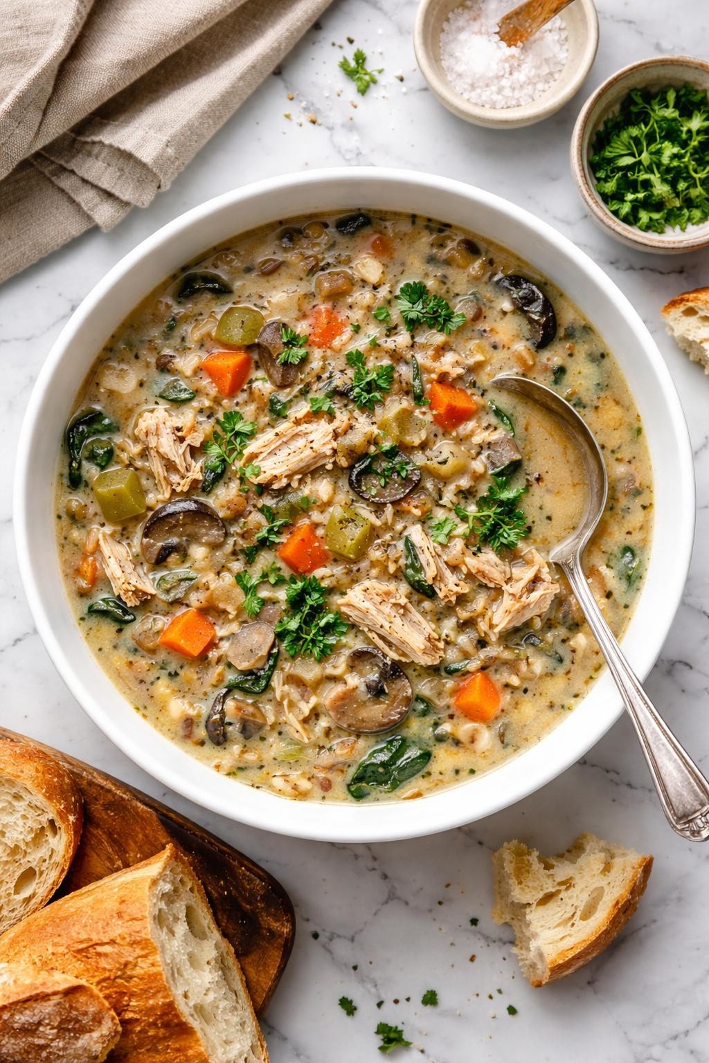 An overheard picture view of a plate of  Dutch Oven Turkey and Wild Rice Soup  sitting on a marble countertop table in the kitchen, professional food photography style.
