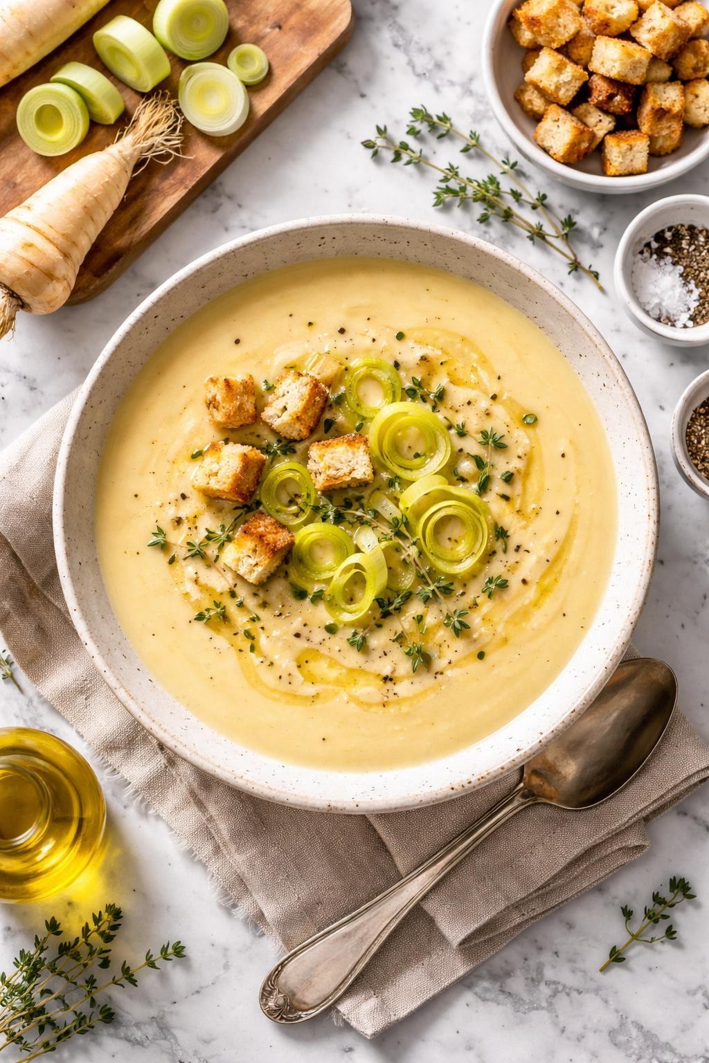 An overheard picture view of a plate of  Leek and Parsnip Soup  sitting on a marble countertop table in the kitchen, professional food photography style.
