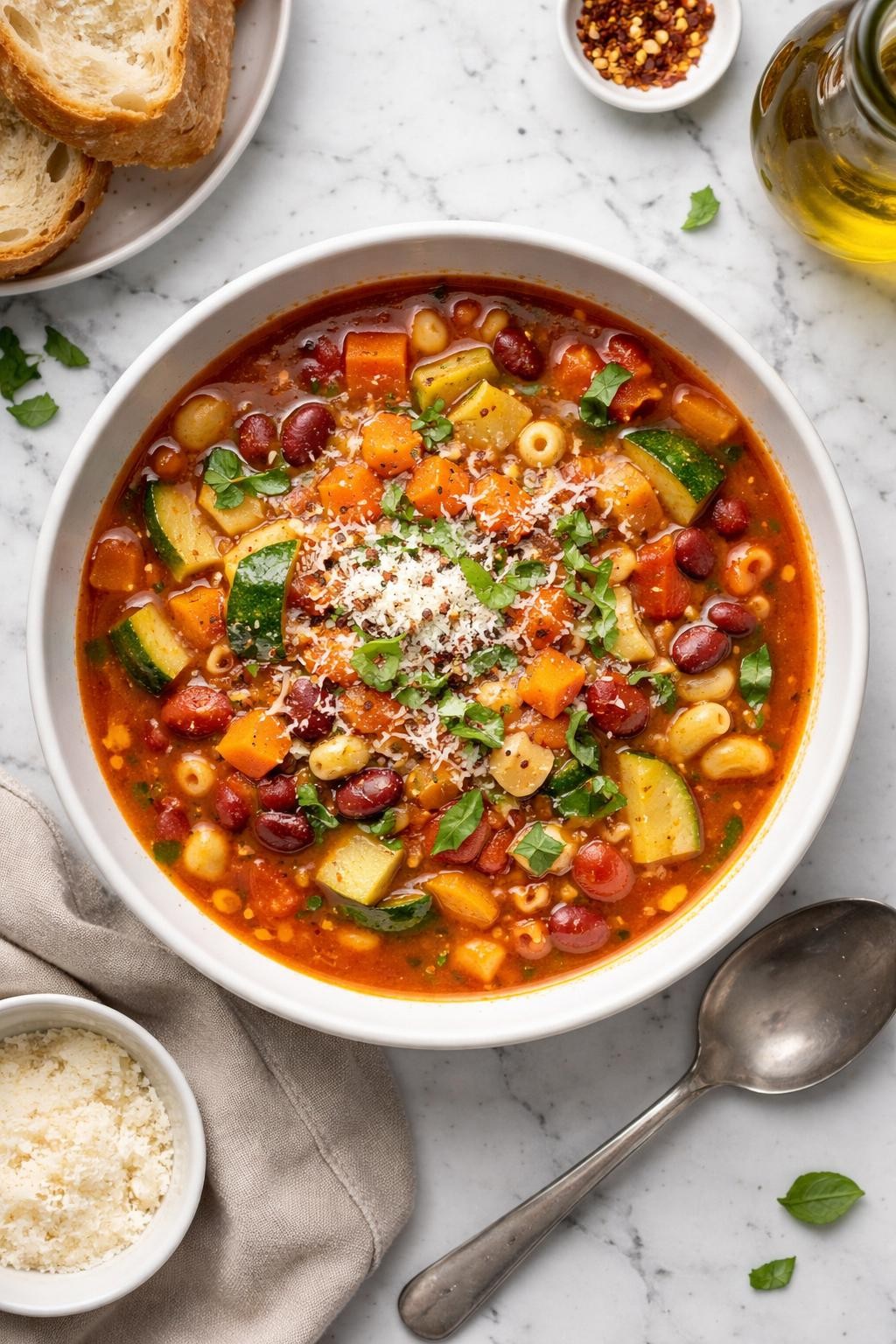An overheard picture view of a plate of Dutch Oven Minestrone Soup   sitting on a marble countertop table in the kitchen, professional food photography style.
