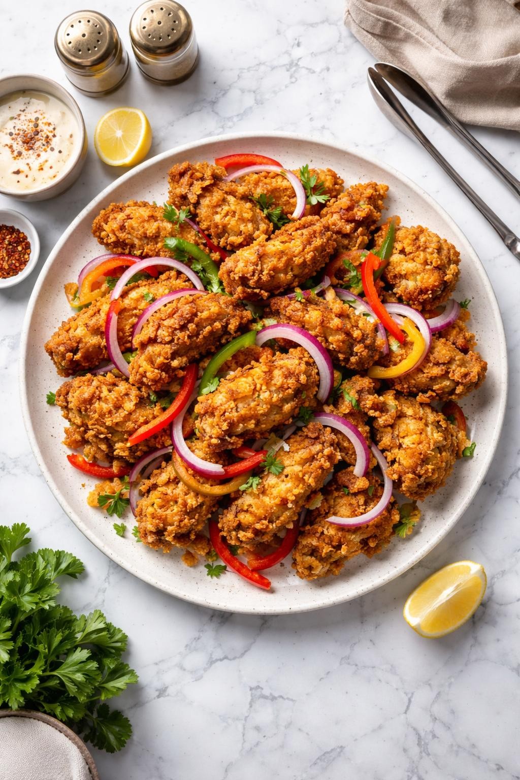 An overheard picture view of a plate of Extra Crunchy With Red Onion and Peppers sitting on a marble countertop table in the kitchen, professional food photography style.