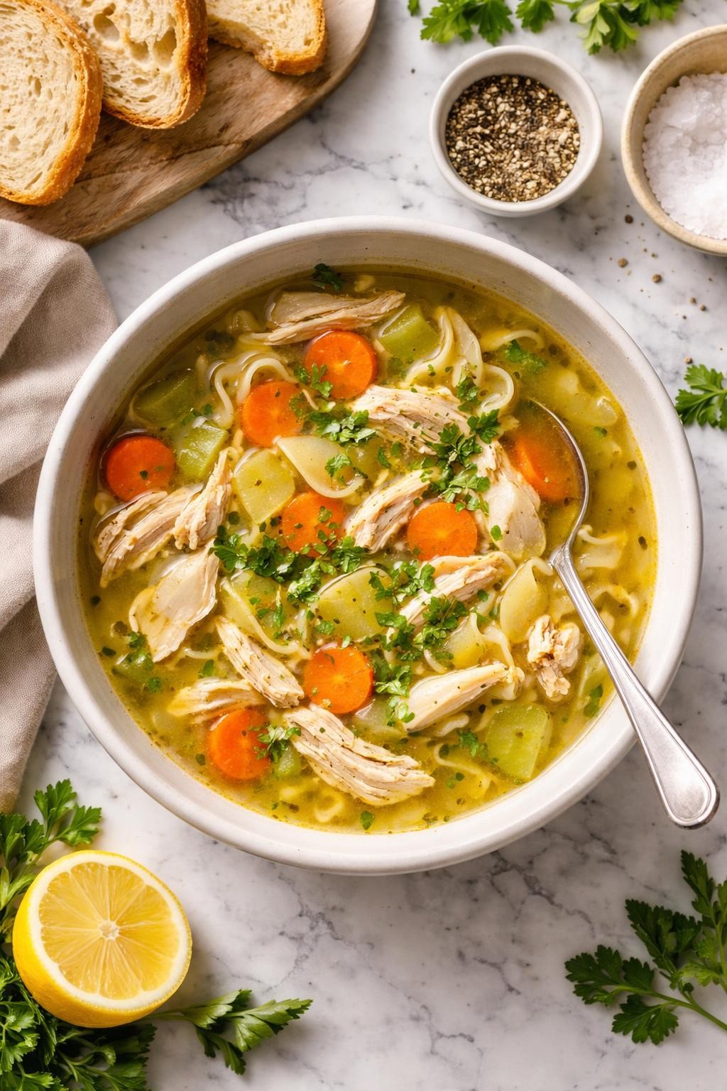 An overheard picture view of a plate of  Dutch Oven Chicken Noodle Soup  sitting on a marble countertop table in the kitchen, professional food photography style.
