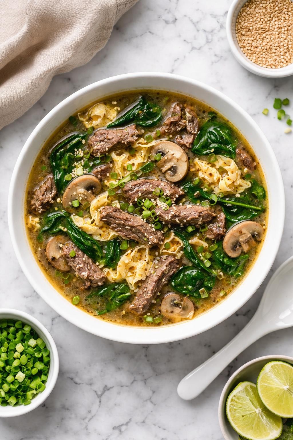 An overheard picture view of a plate of Beef and Egg Soup   sitting on a marble countertop table in the kitchen, professional food photography style.
