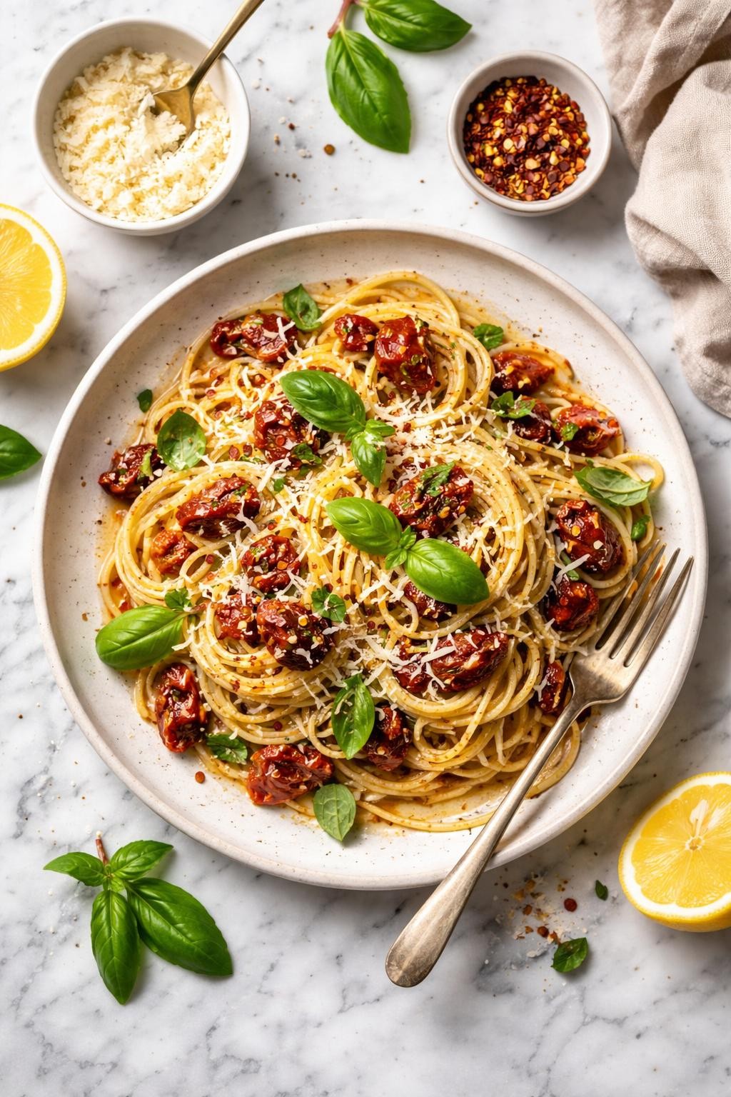 An overheard picture view of a plate of Sun-Dried Tomato and Basil Version sitting on a marble countertop table in the kitchen, professional food photography style.