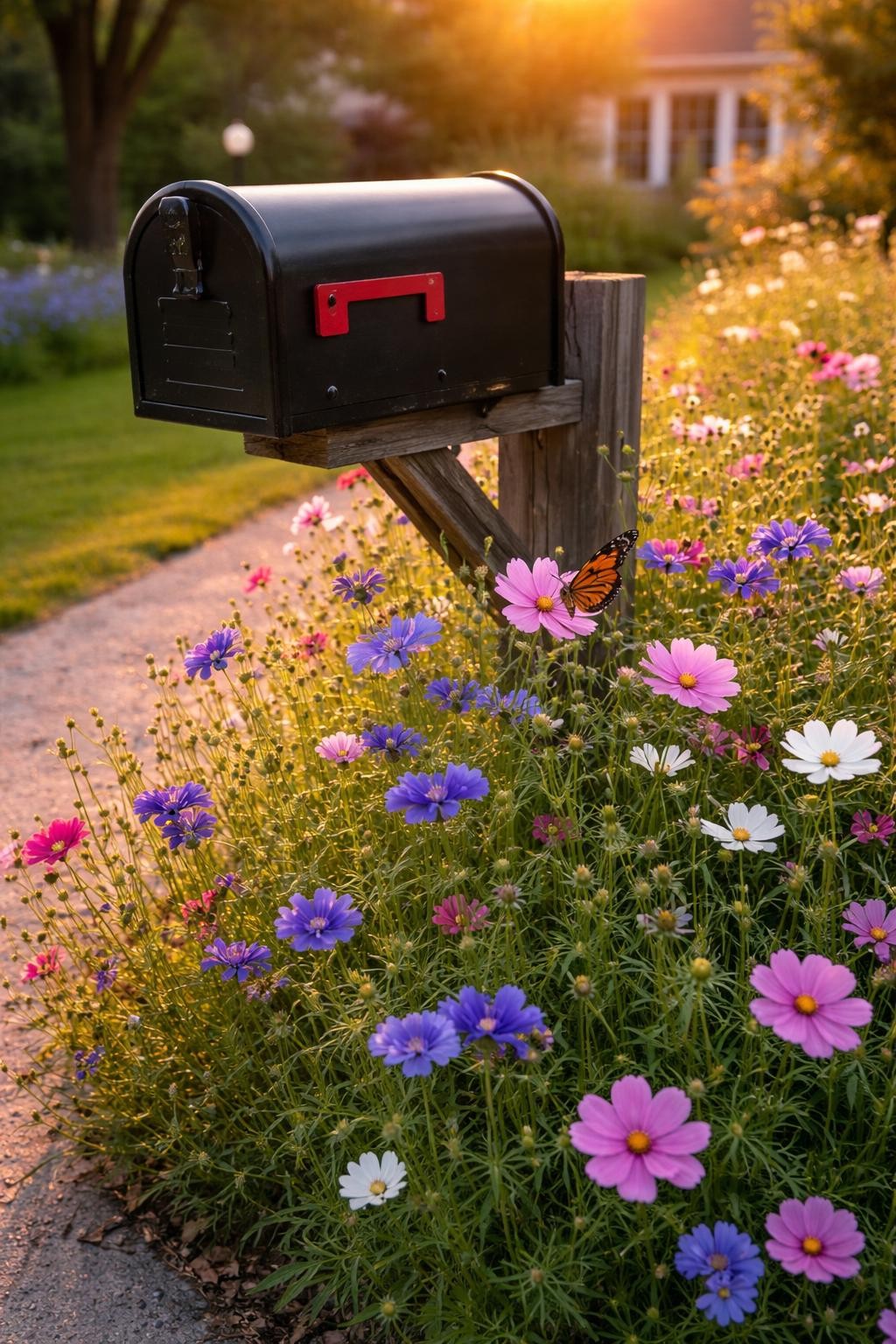 Photo of a mailbox surrounded by a patch of mixed wildflowers including cosmos and bachelor buttons, corner angle view from sidewalk, setting in a cottage-style front yard, golden hour, containing a butterfly resting on a flower, iPhone photo quality.