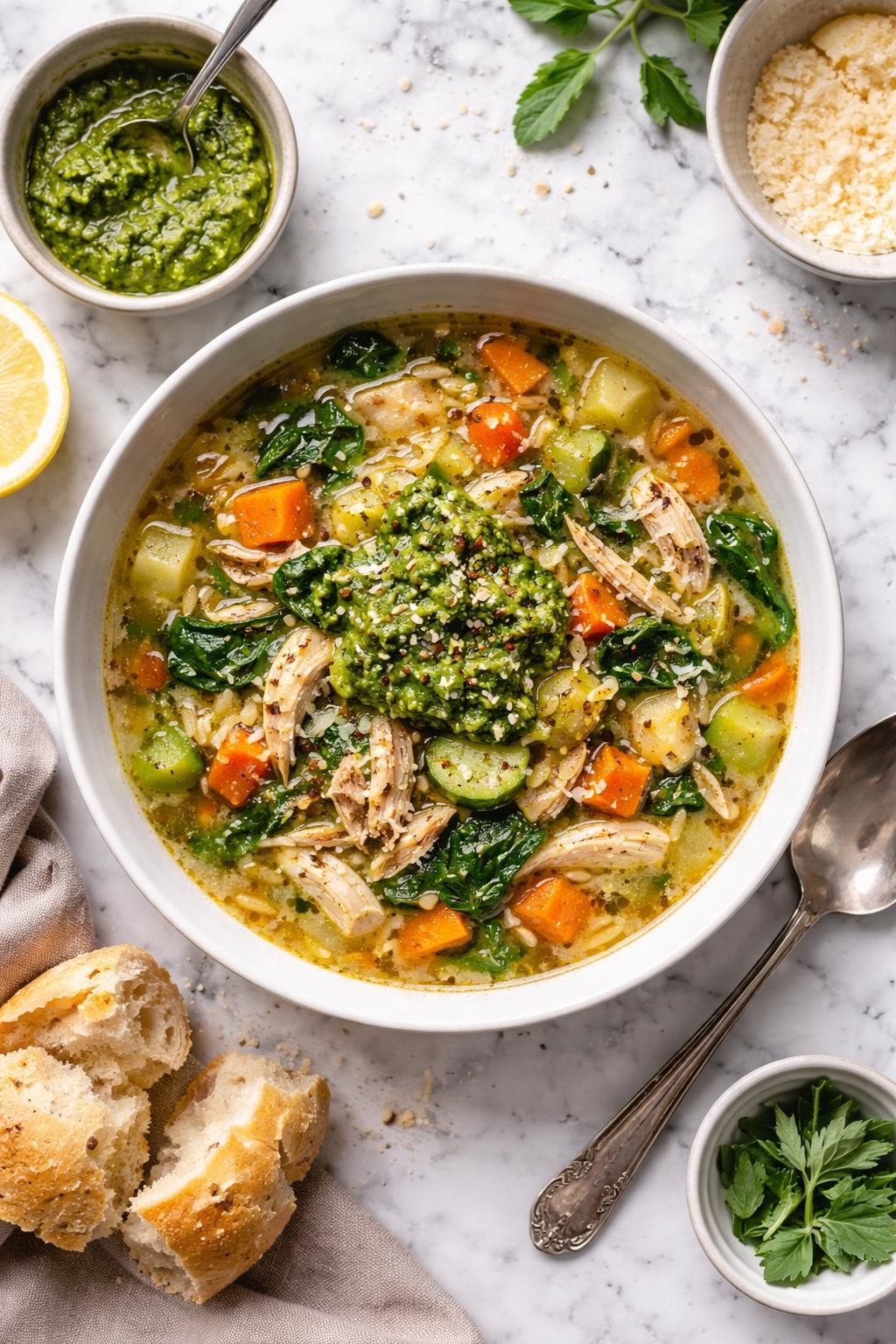 An overheard picture view of a plate of  Chicken and Vegetable Soup with Pesto  sitting on a marble countertop table in the kitchen, professional food photography style.

