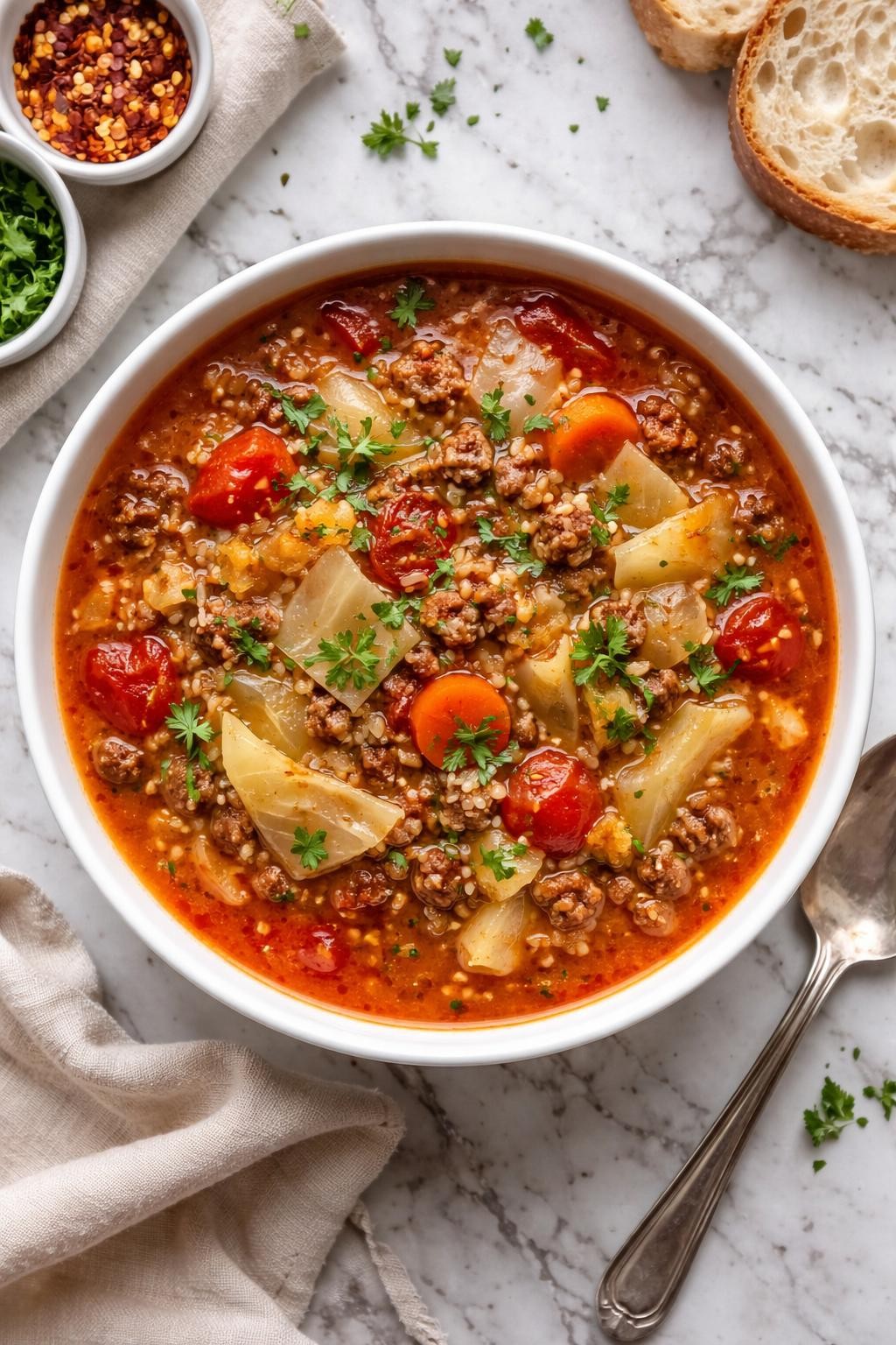 An overheard picture view of a plate of Cabbage Roll Soup sitting on a marble countertop table in the kitchen, professional food photography style.