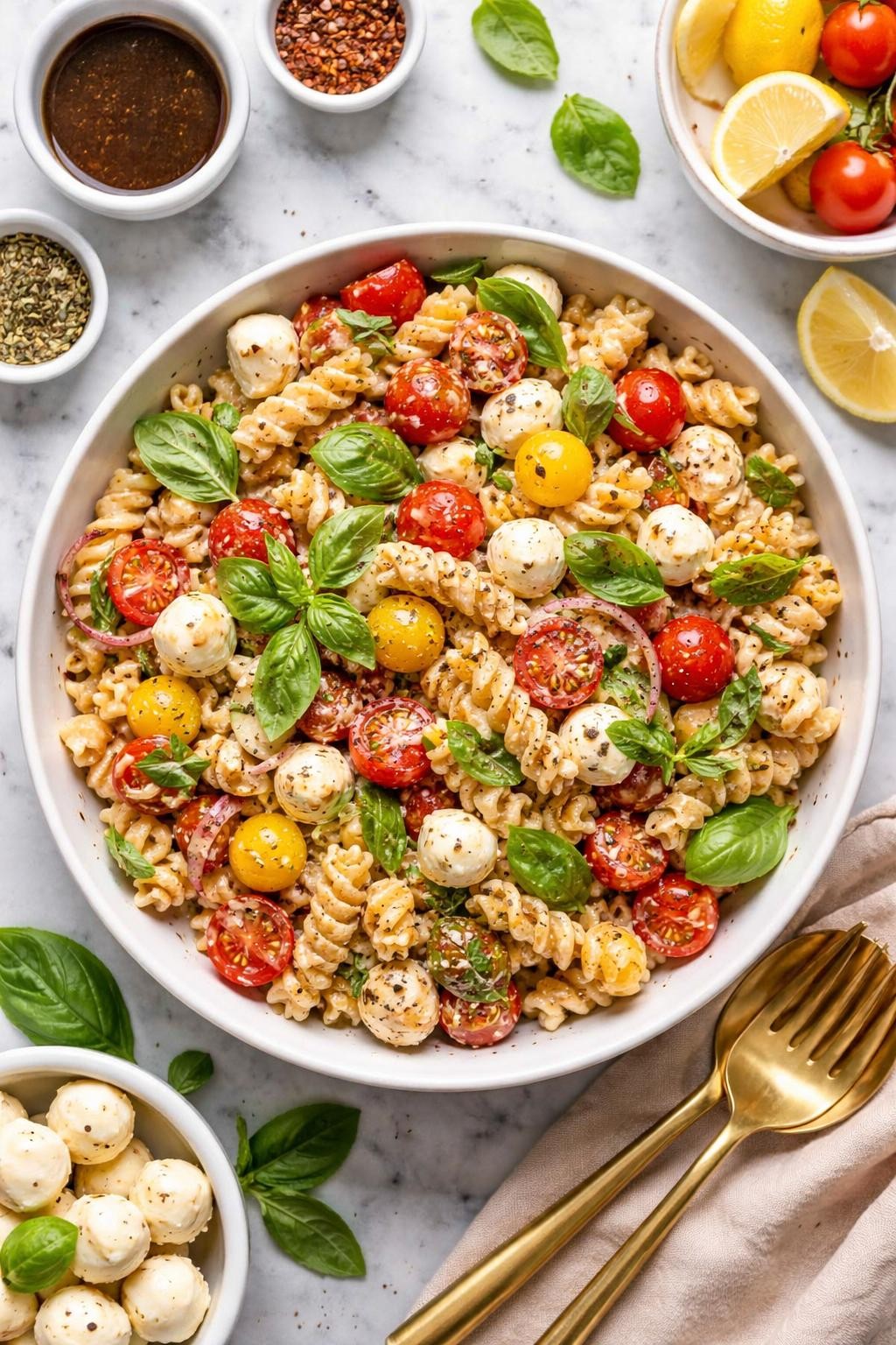 An overheard picture view of a plate of  Creamy Balsamic Caprese Pasta Salad  sitting on a marble countertop table in the kitchen, professional food photography style.

