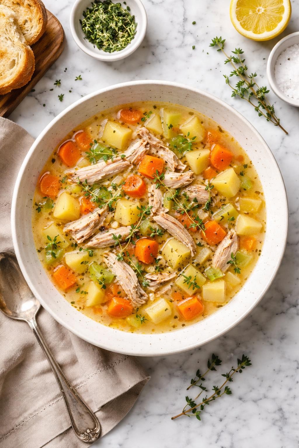 An overheard picture view of a plate of  Turkey and Parsnip Soup with Thyme  sitting on a marble countertop table in the kitchen, professional food photography style.
