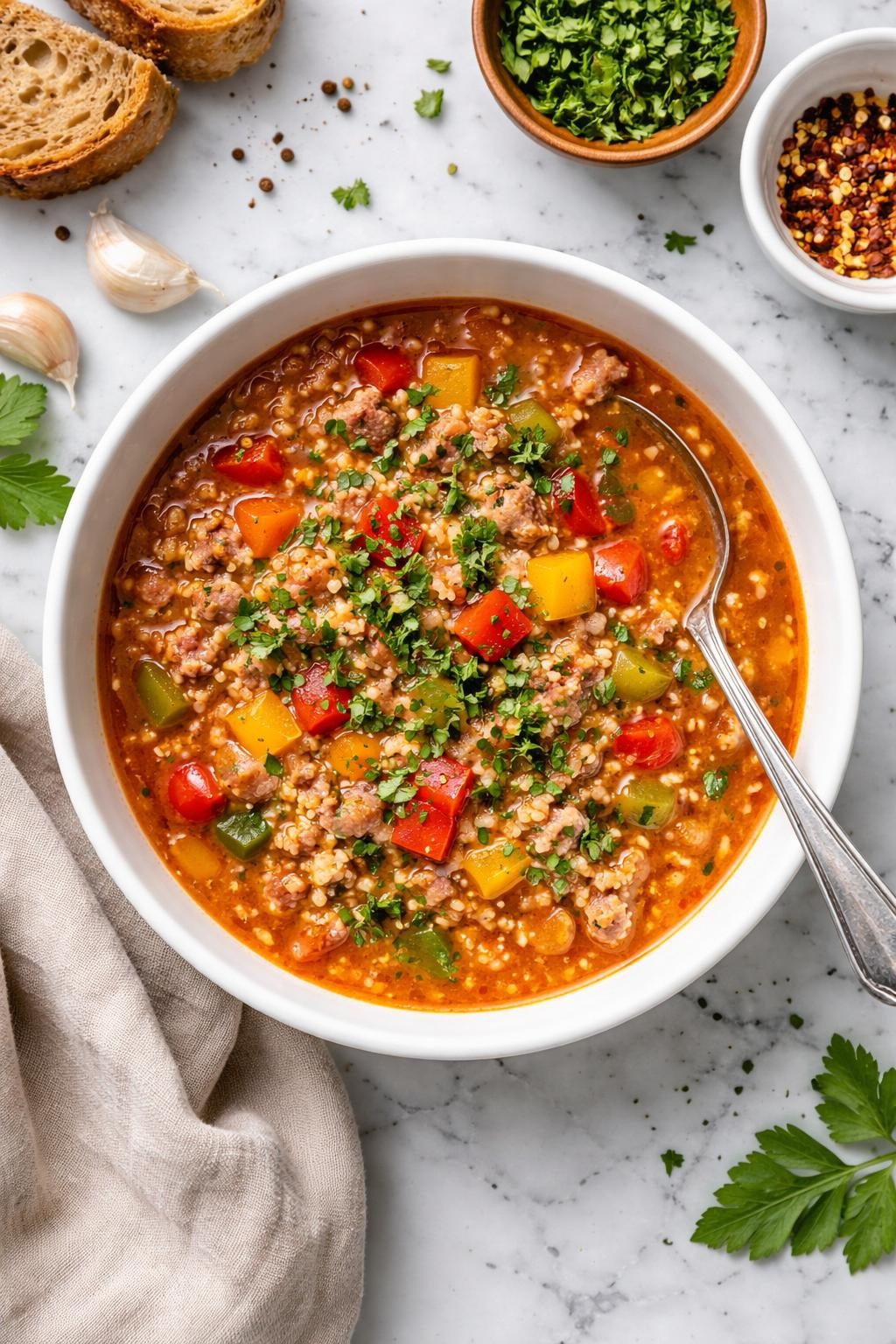 An overheard picture view of a plate of Zero Point Stuffed Pepper Soup sitting on a marble countertop table in the kitchen, professional food photography style.