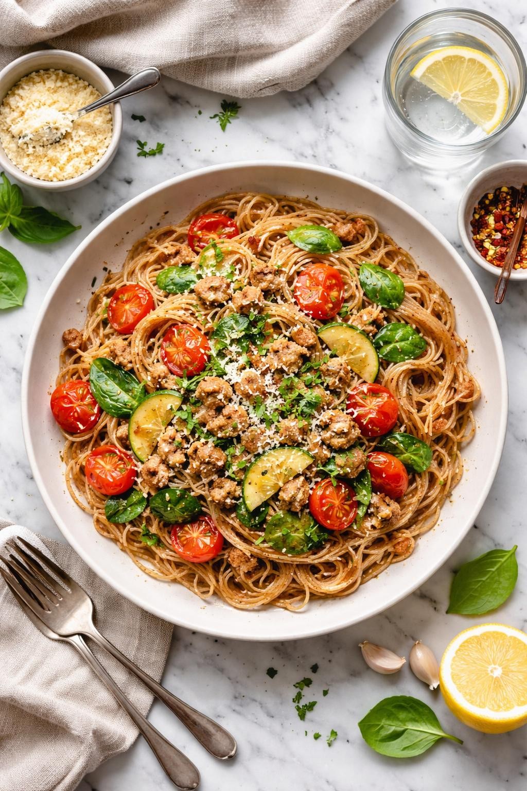 An overheard picture view of a plate of Lighter Version With Turkey sitting on a marble countertop table in the kitchen, professional food photography style.