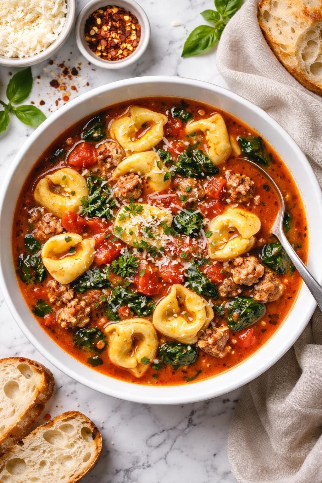 An overheard picture view of a plate of   Italian Sausage Tortellini Soup with Tomato Broth sitting on a marble countertop table in the kitchen, professional food photography style.
