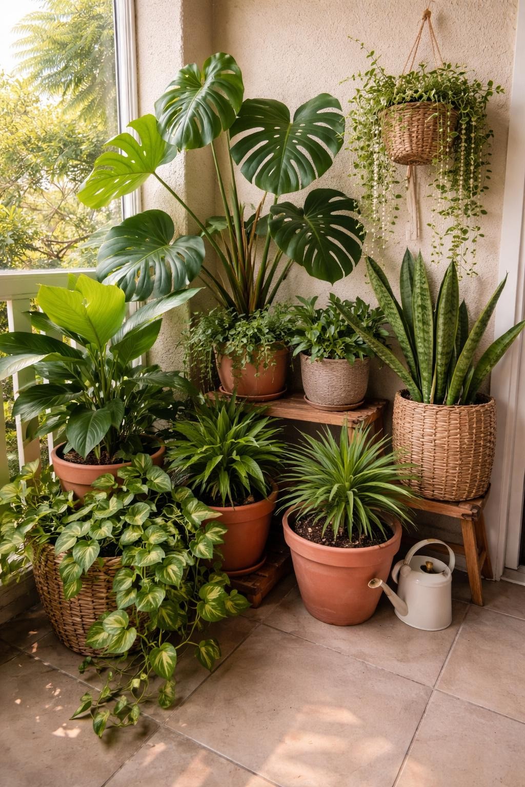 Photo of a patio corner filled with layered potted plants of varying heights, corner angle view, setting in a bright covered patio, soft morning light, containing a small watering can tucked behind a pot, iPhone photo quality.