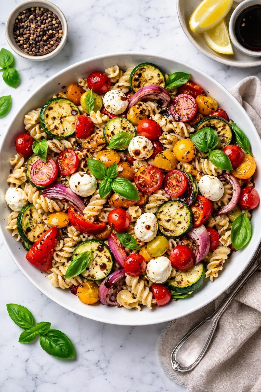 An overheard picture view of a plate of  Caprese Pasta Salad with Grilled Vegetables  sitting on a marble countertop table in the kitchen, professional food photography style.
