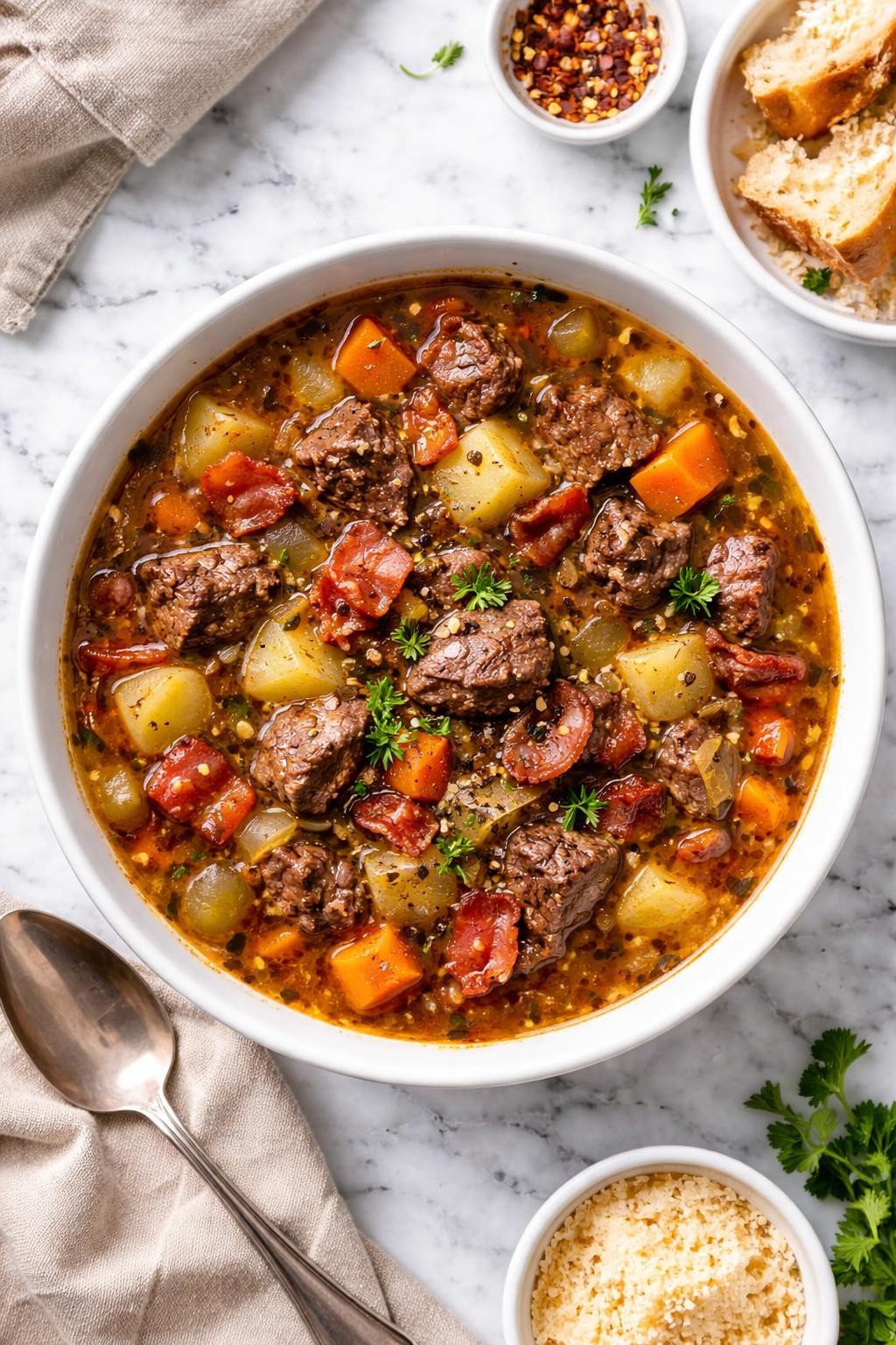 An overheard picture view of a plate of Beef and Bacon Soup   sitting on a marble countertop table in the kitchen, professional food photography style.
