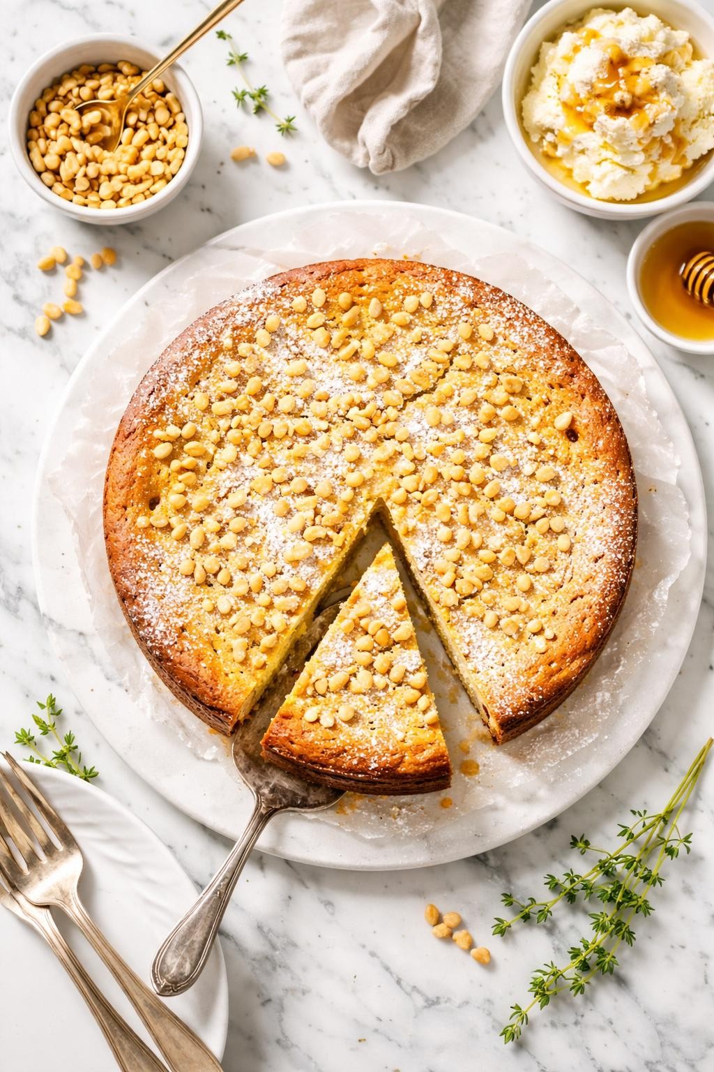 An overheard picture view of a plate of Ricotta and Pine Nut Cake sitting on a marble countertop table in the kitchen, professional food photography style.