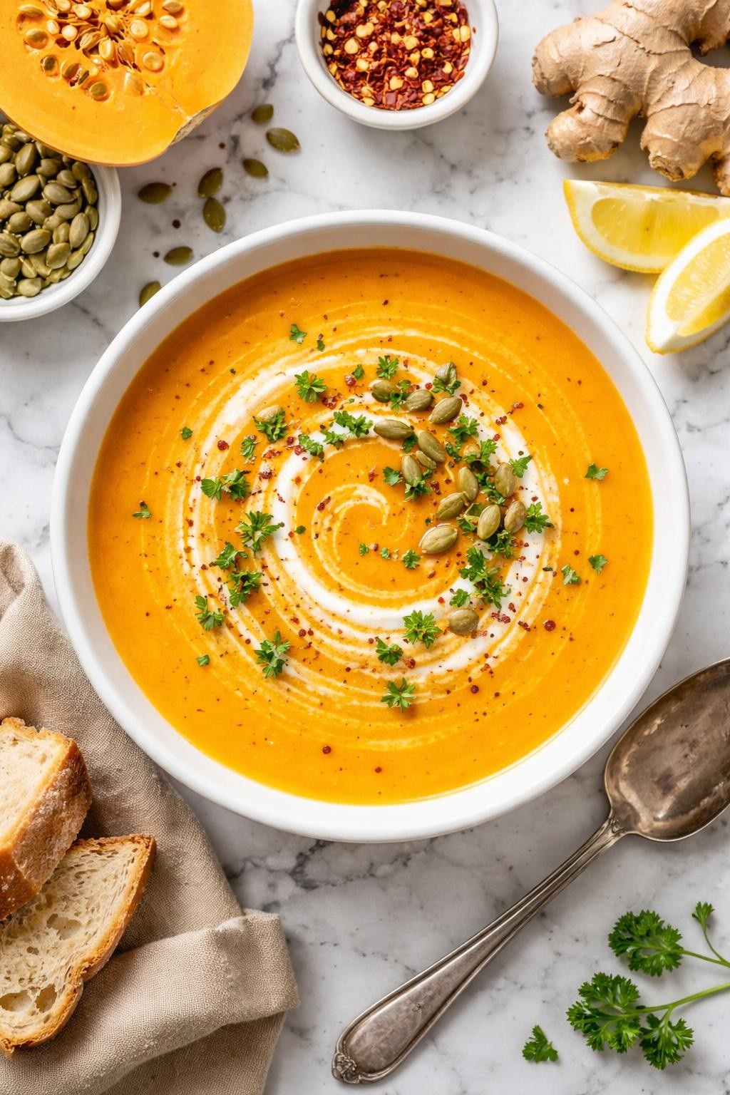 An overheard picture view of a plate of Butternut Squash and Ginger Soup sitting on a marble countertop table in the kitchen, professional food photography style.