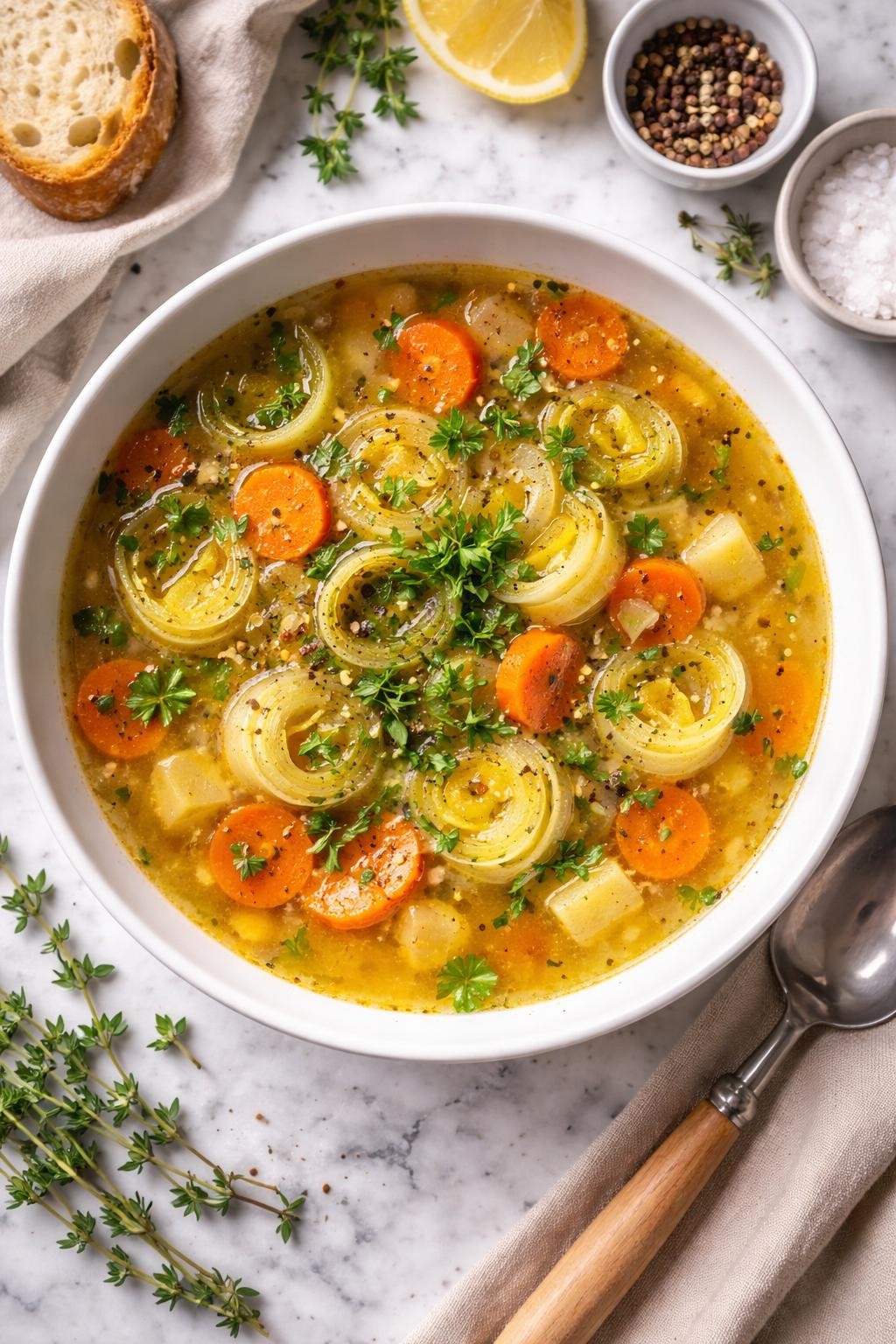 An overheard picture view of a plate of   Leek and Carrot Soup sitting on a marble countertop table in the kitchen, professional food photography style.
