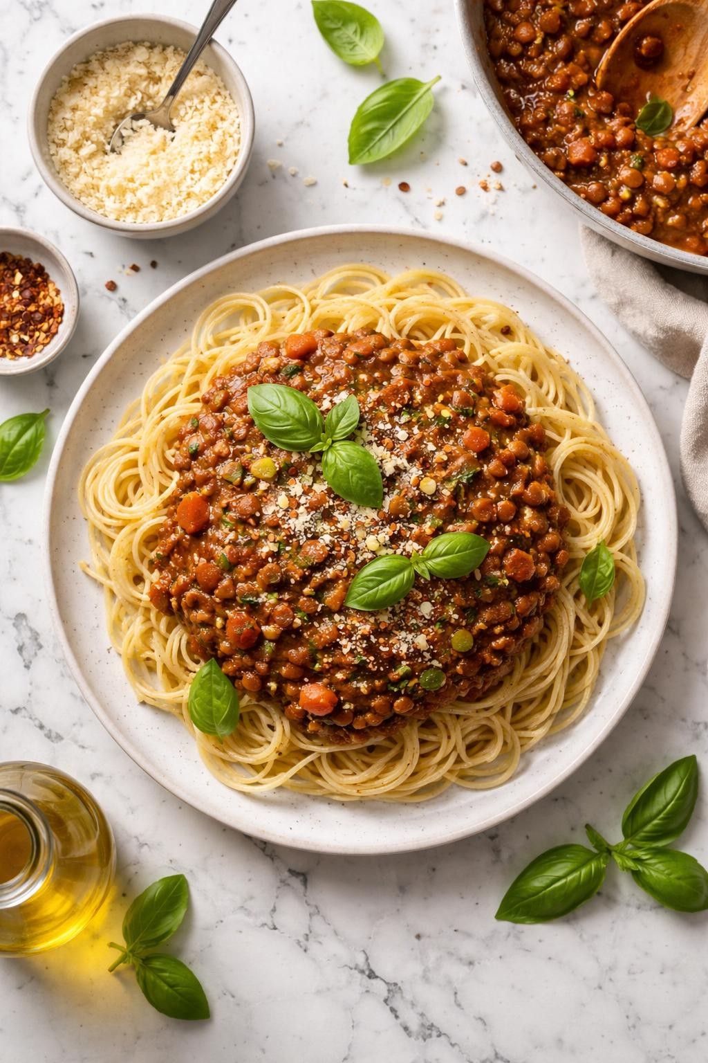 An overheard picture view of a plate of  Vegan Lentil Bolognese  sitting on a marble countertop table in the kitchen, professional food photography style.
