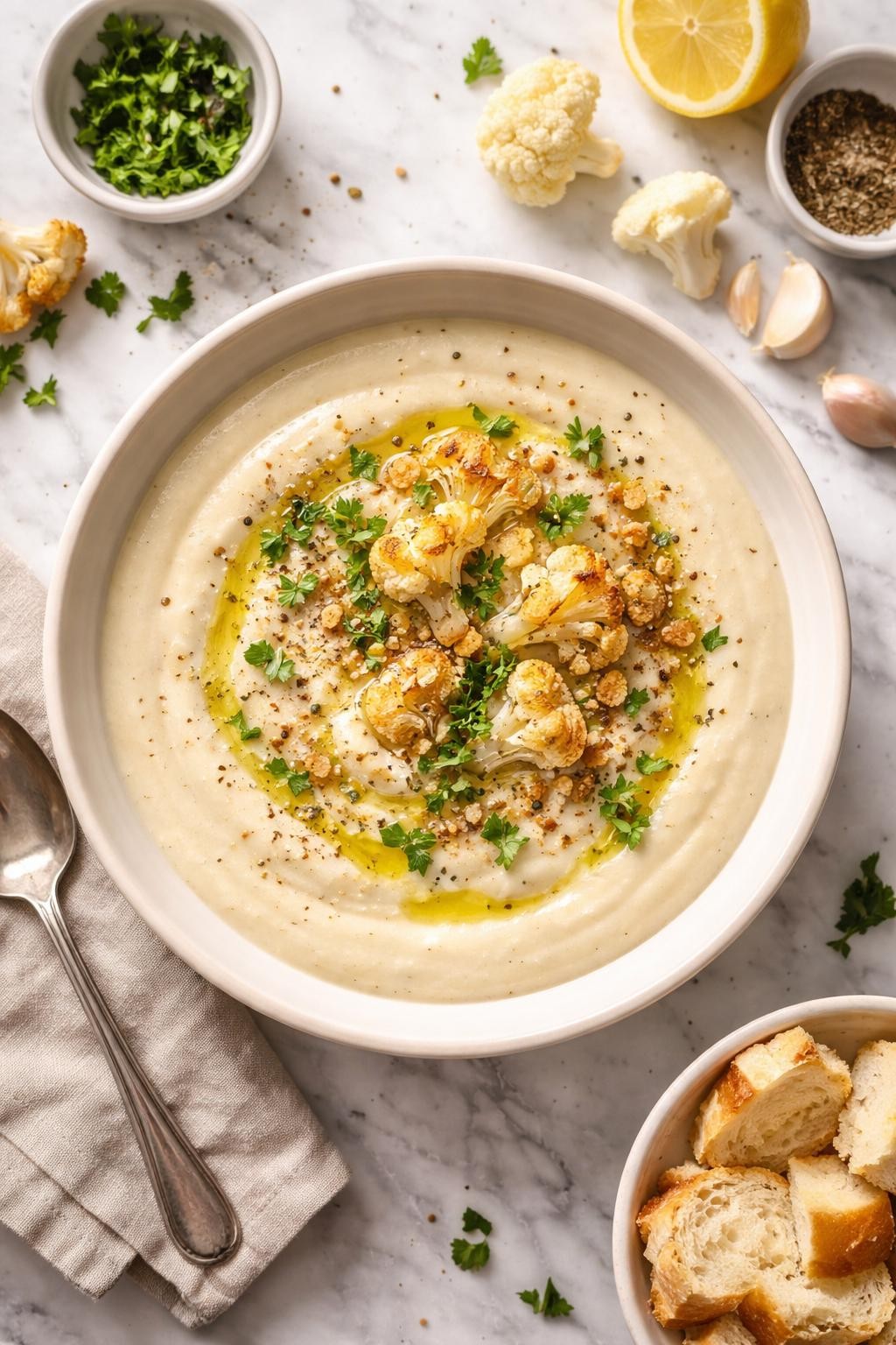 An overheard picture view of a plate of  Light Creamy Cauliflower Soup  sitting on a marble countertop table in the kitchen, professional food photography style.
