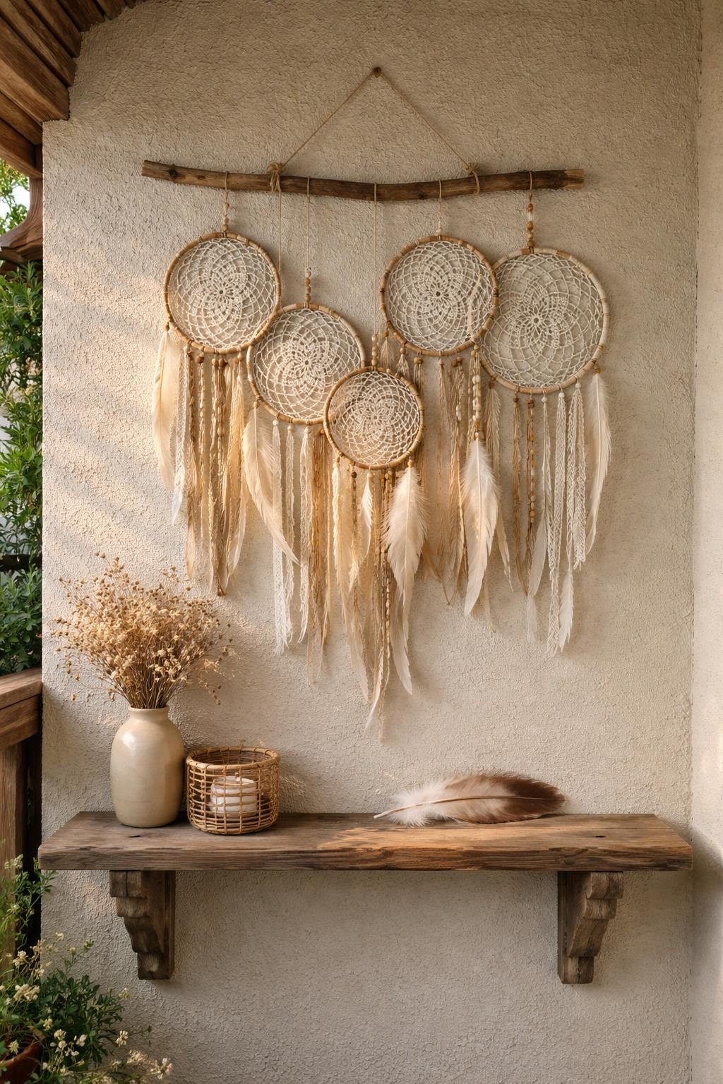 Photo of a patio wall with a cluster of hanging dreamcatchers and a small shelf below, straight-on view, setting in a covered patio corner, soft morning light, containing a single feather on the shelf, iPhone photo quality.