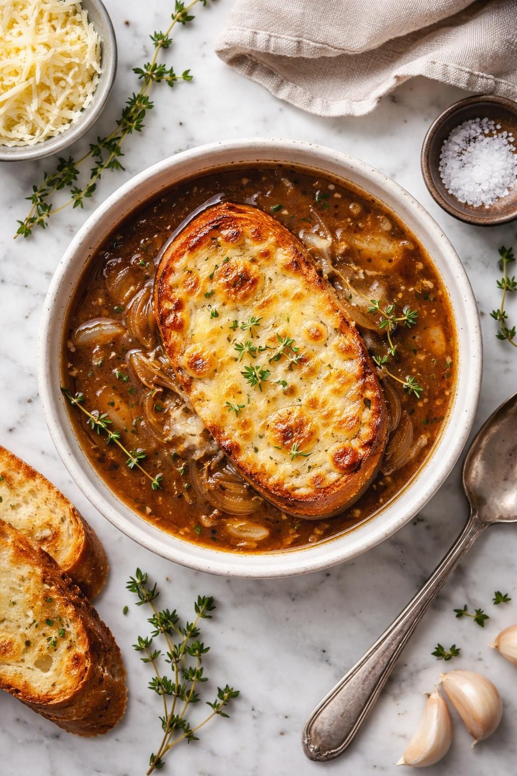 An overheard picture view of a plate of Slow Cooker French Onion Soup sitting on a marble countertop table in the kitchen, professional food photography style.