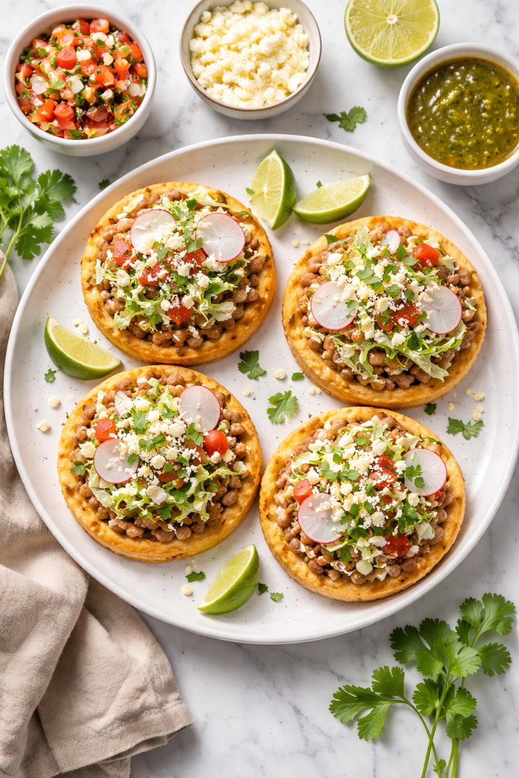 An overheard picture view of a plate of Pinto Bean Sopes sitting on a marble countertop table in the kitchen, professional food photography style.