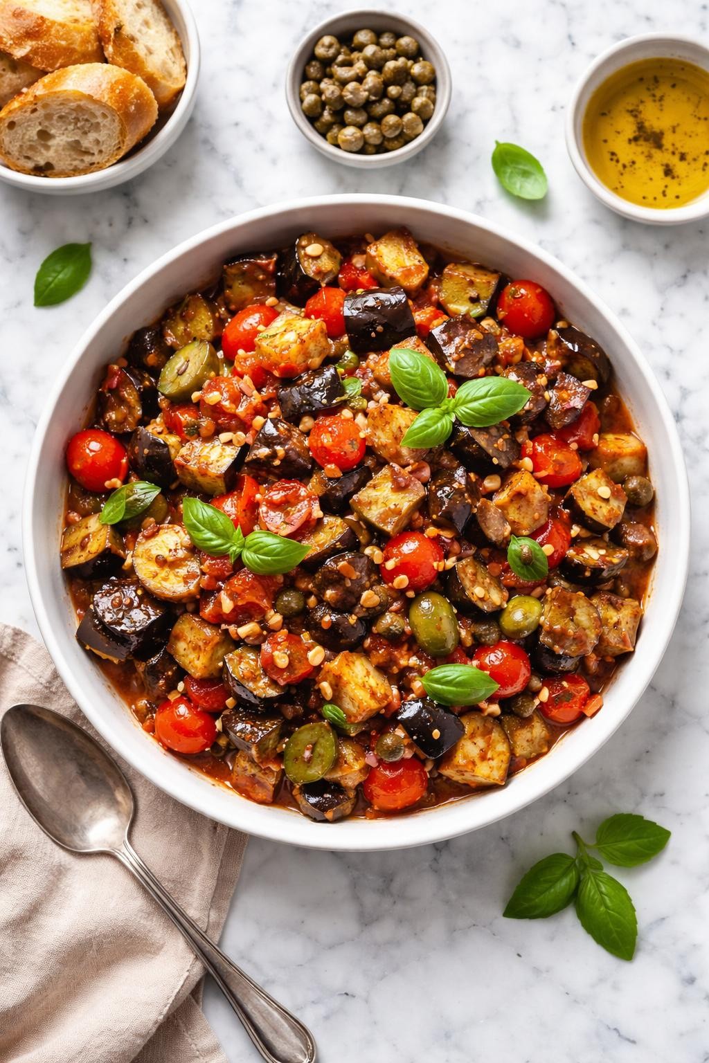 An overheard picture view of a plate of Caponata-Style Eggplant Salad sitting on a marble countertop table in the kitchen, professional food photography style.