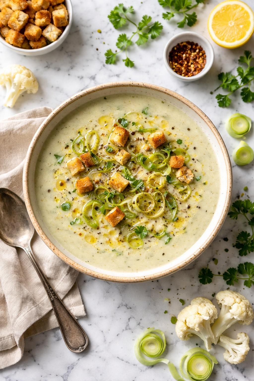 An overheard picture view of a plate of Leek and Cauliflower Soup   sitting on a marble countertop table in the kitchen, professional food photography style.
