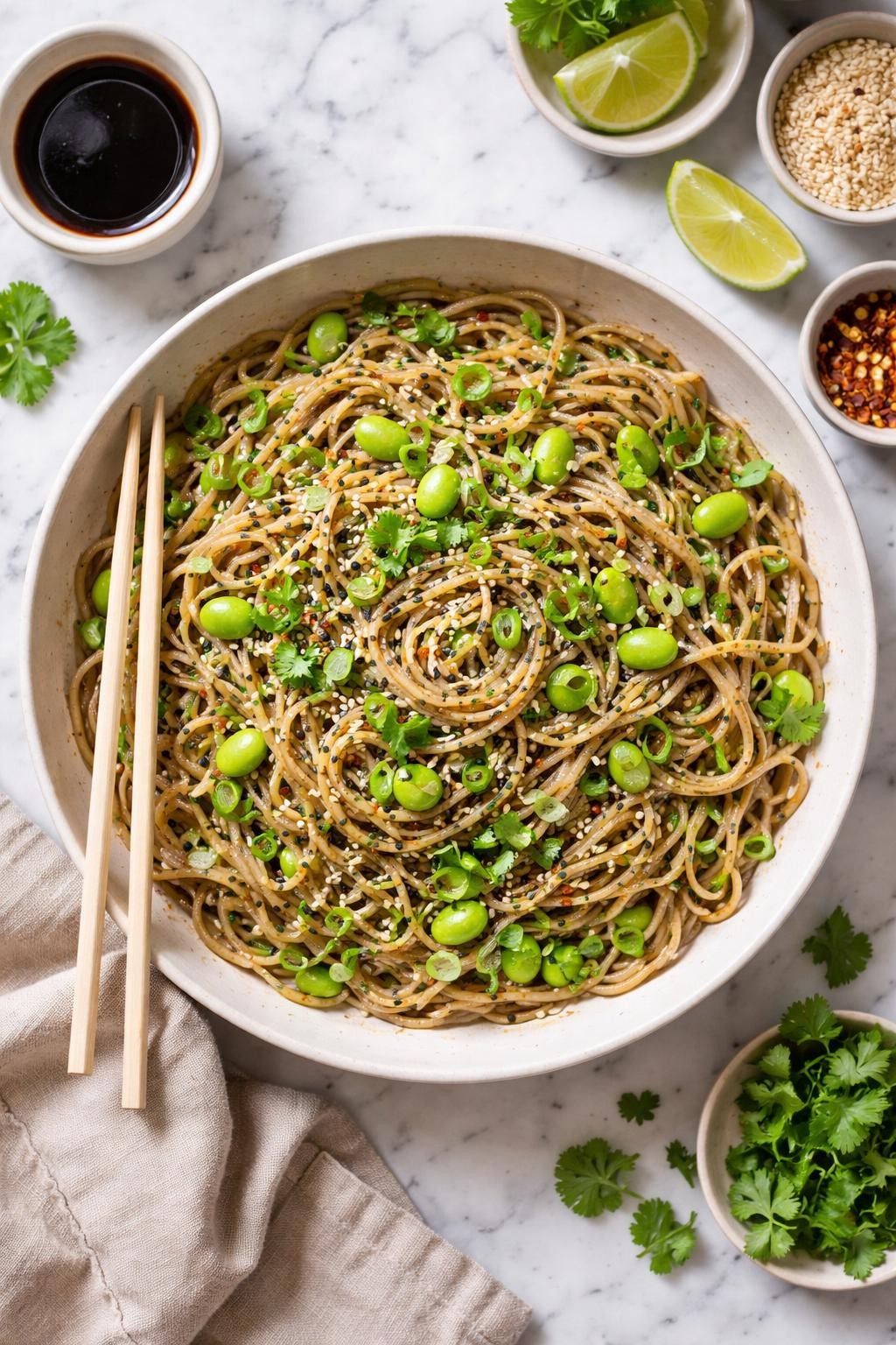 An overheard picture view of a plate of Sesame Soba Noodles with Edamame sitting on a marble countertop table in the kitchen, professional food photography style.