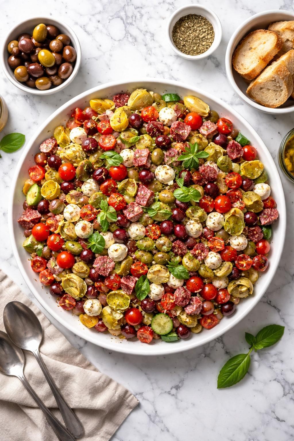 An overheard picture view of a plate of Chopped Antipasto Style sitting on a marble countertop table in the kitchen, professional food photography style.