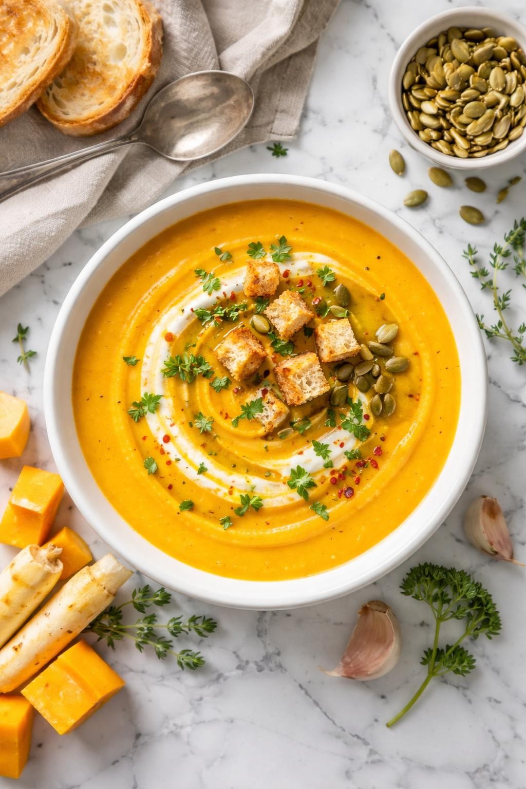 An overheard picture view of a plate of Butternut Squash and Parsnip Soup sitting on a marble countertop table in the kitchen, professional food photography style.